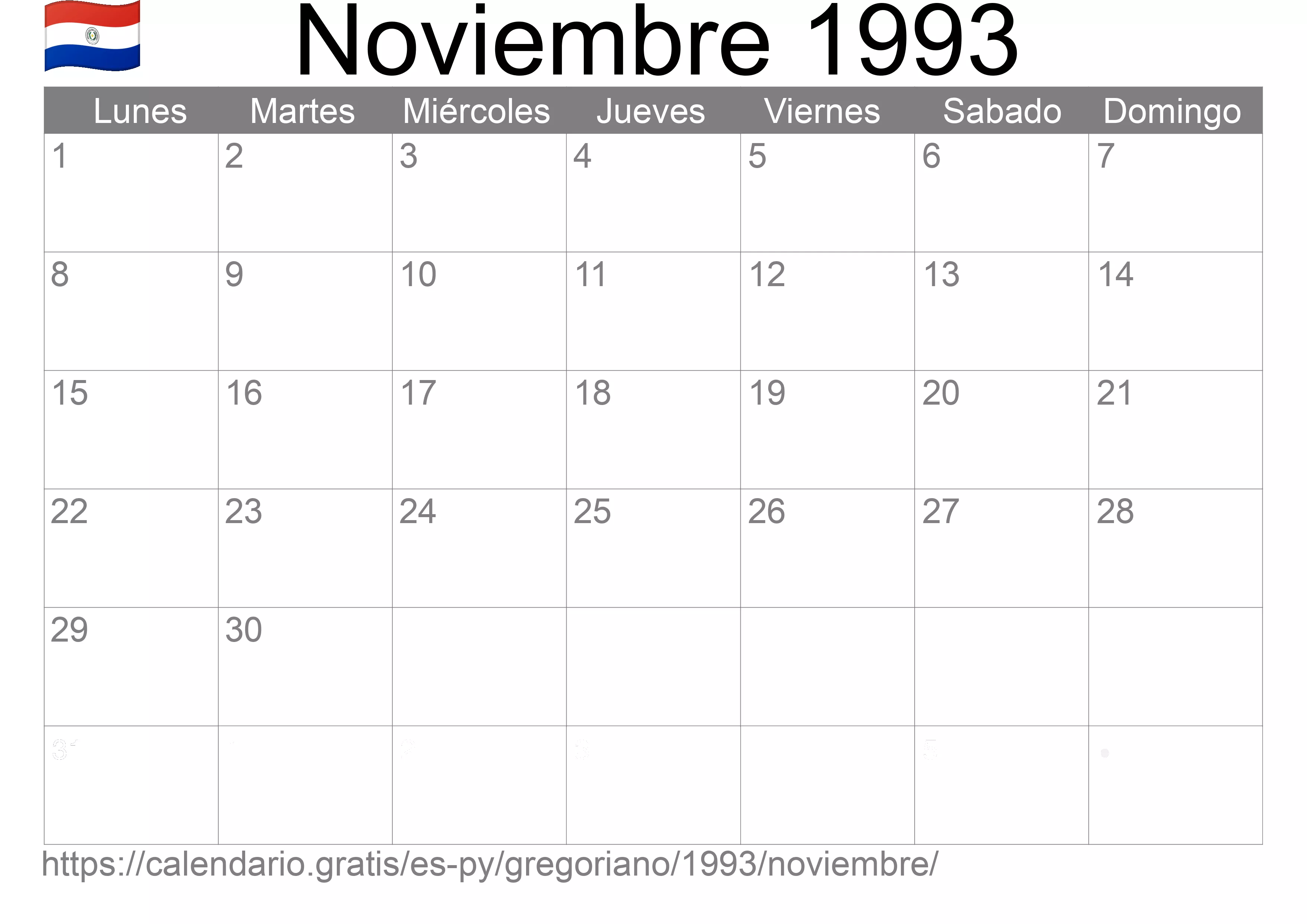 Calendario Noviembre 1993 para imprimir (Paraguay) Calendario Noviembre 1993 para imprimir (Paraguay)