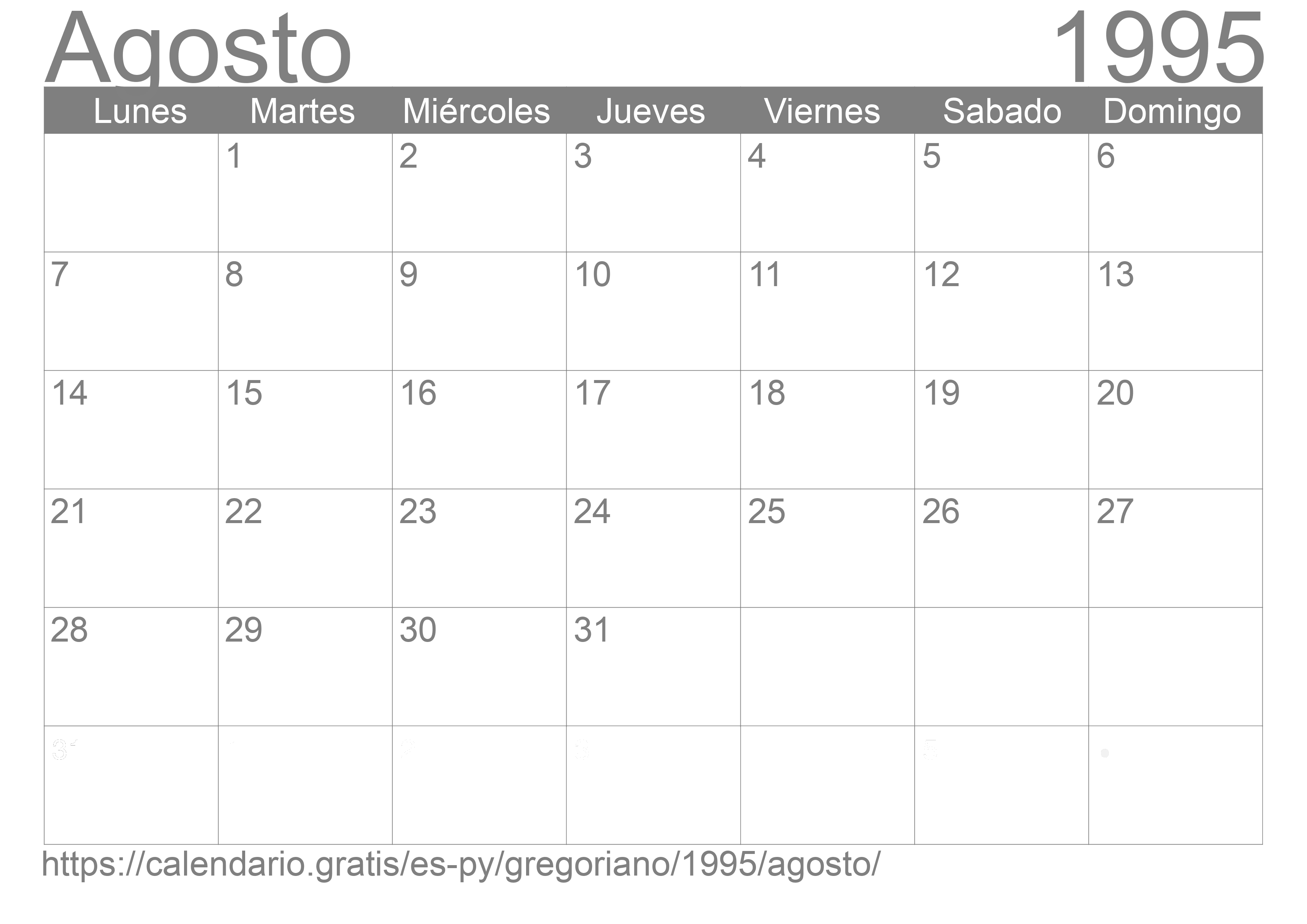 Calendario Agosto 1995 para imprimir