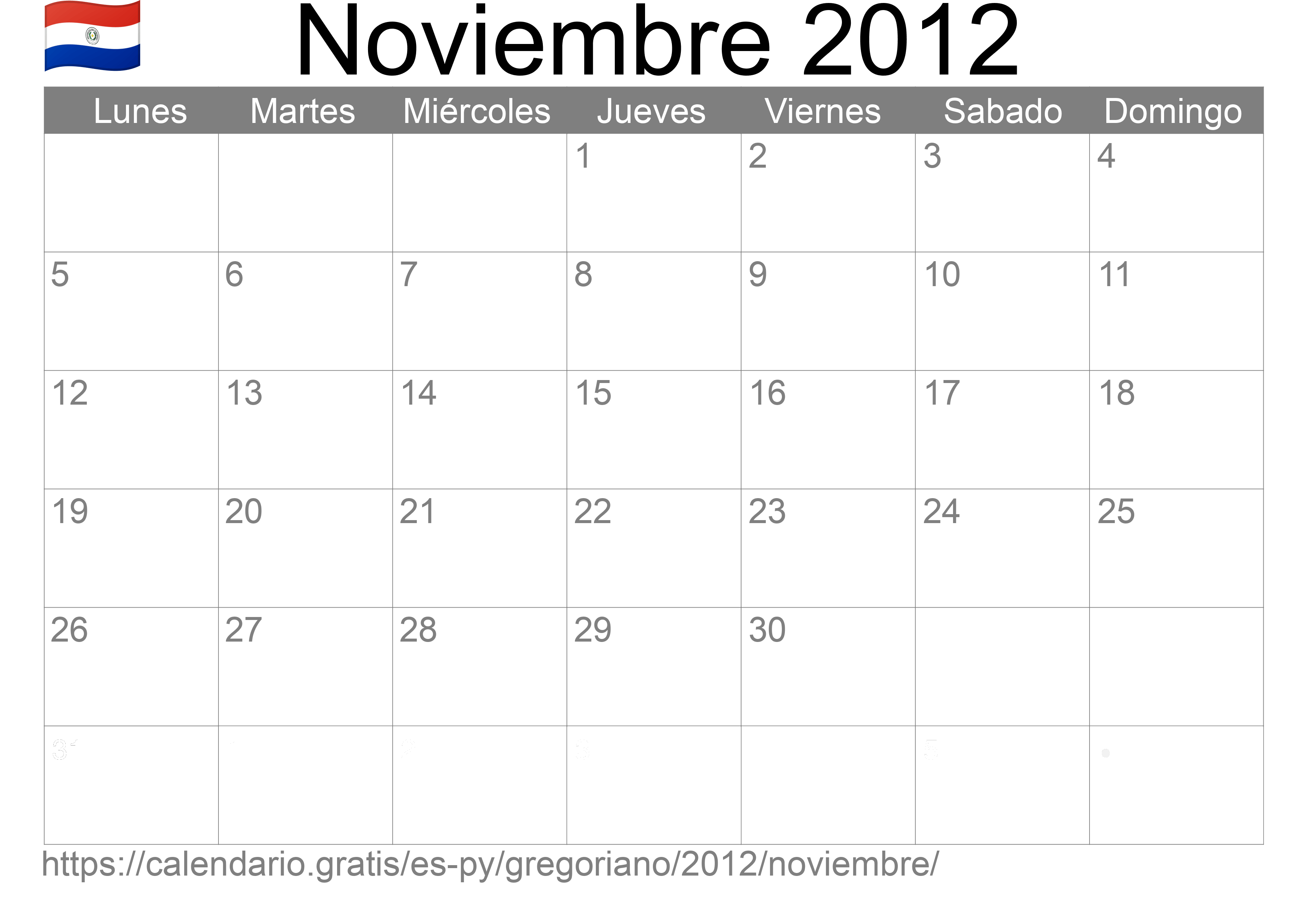 Calendario Noviembre 2012 para imprimir