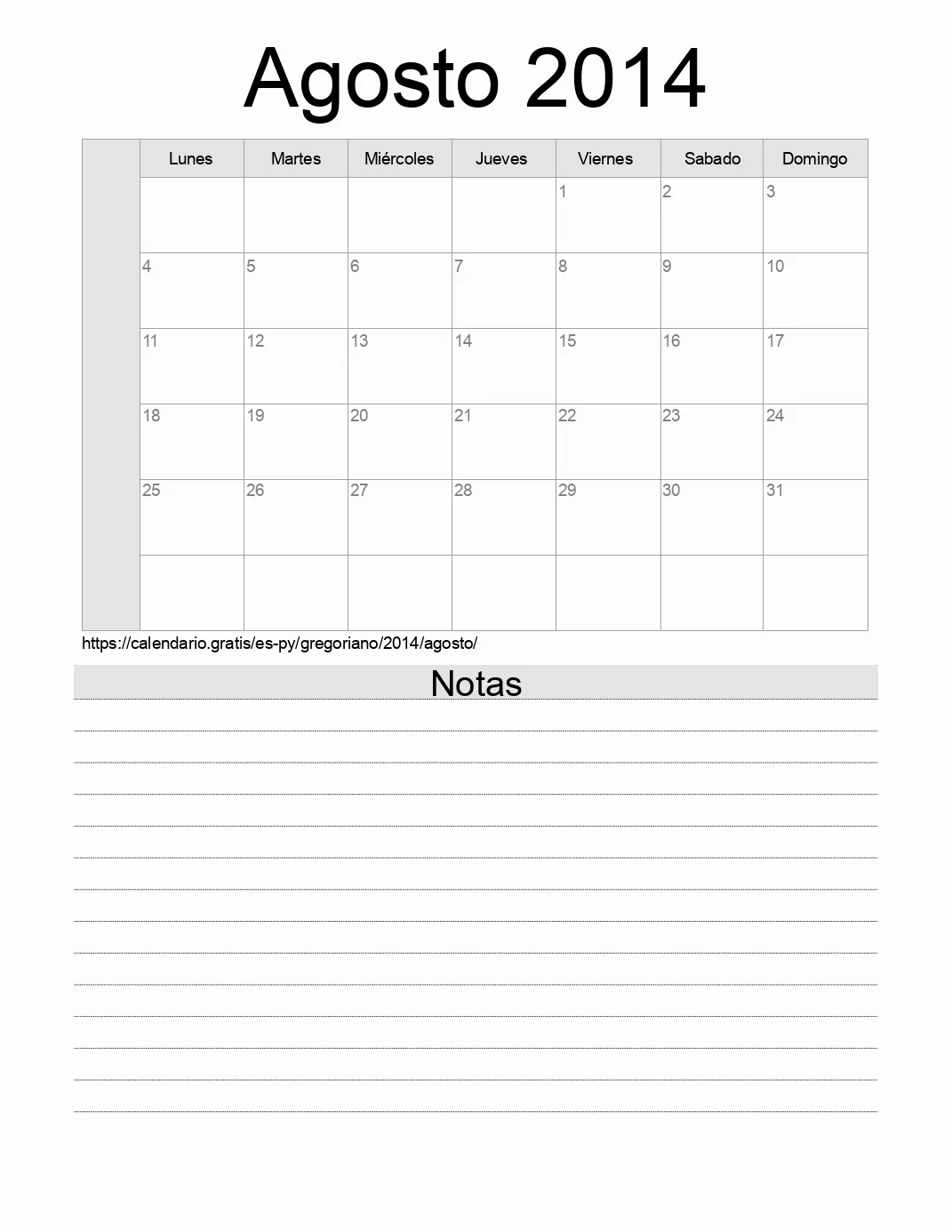 Calendario Agosto 2014 para imprimir con notas. (Paraguay) Calendario Agosto 2014 para imprimir con notas. (Paraguay)