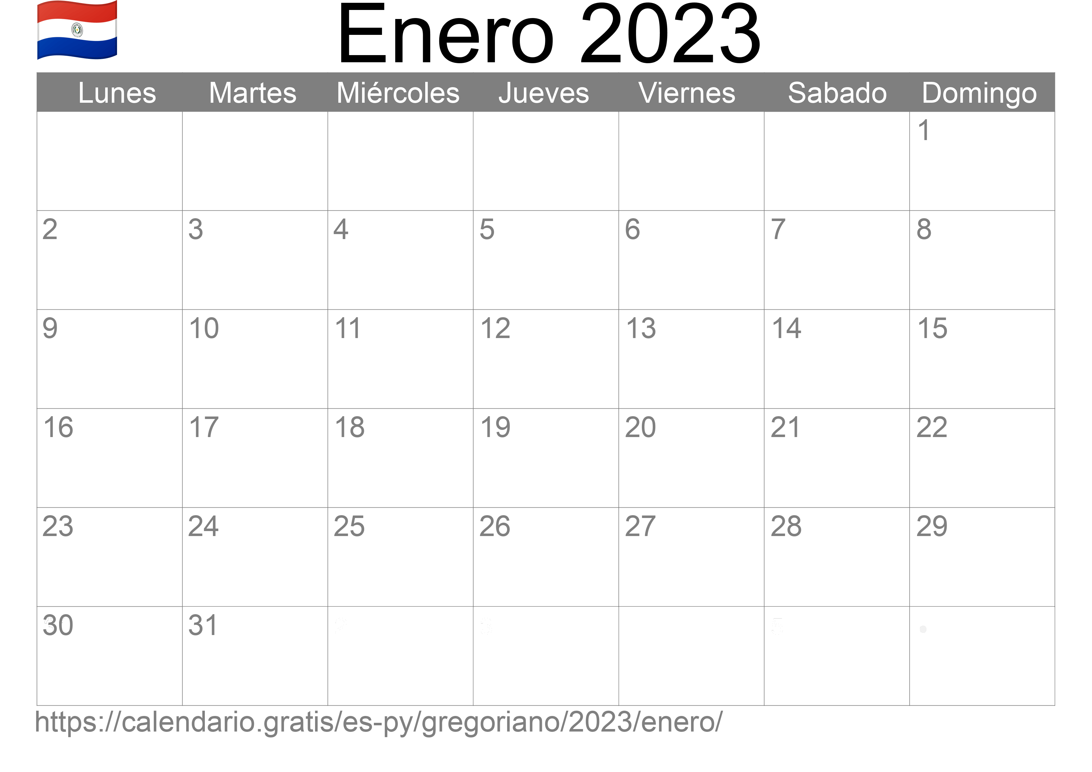 Calendario Enero 2023 para imprimir