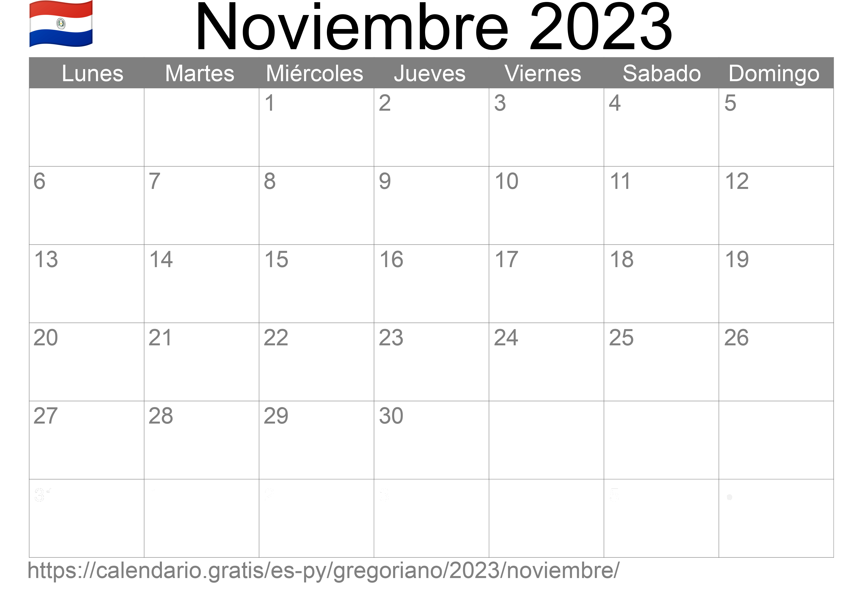 Calendario Noviembre 2023 para imprimir