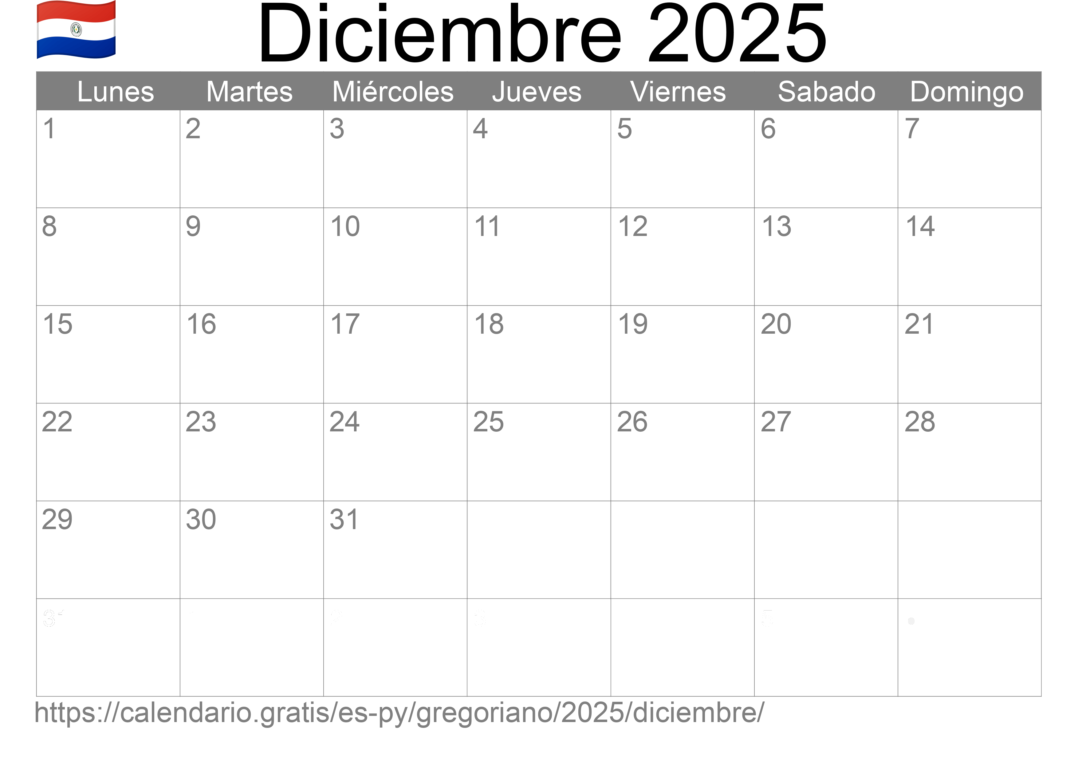 Calendario Diciembre 2025 para imprimir