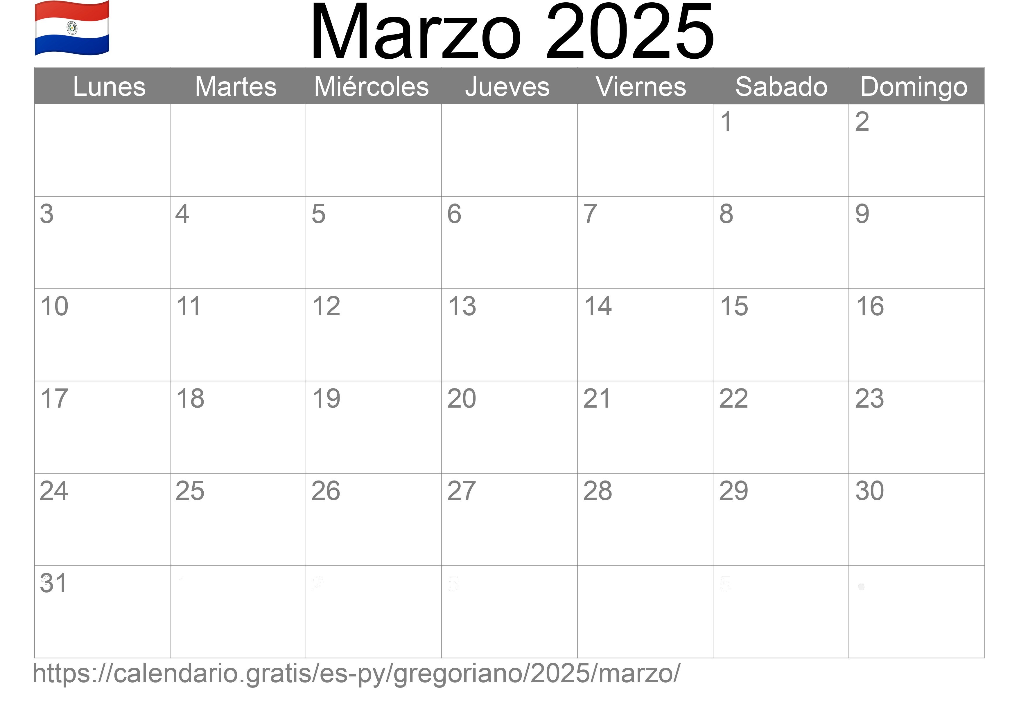 Calendario Marzo 2025 para imprimir