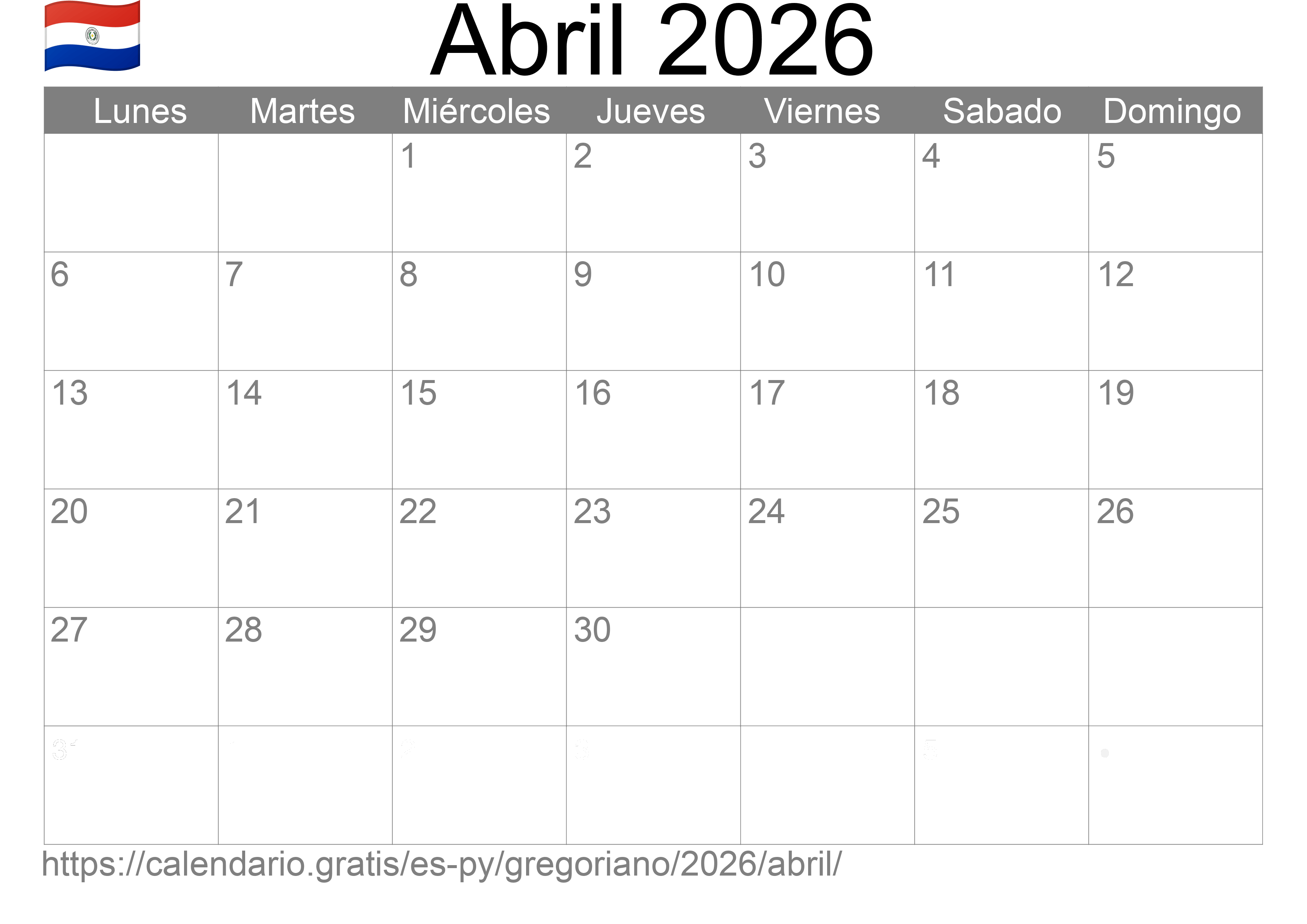 Calendario Abril 2026 para imprimir