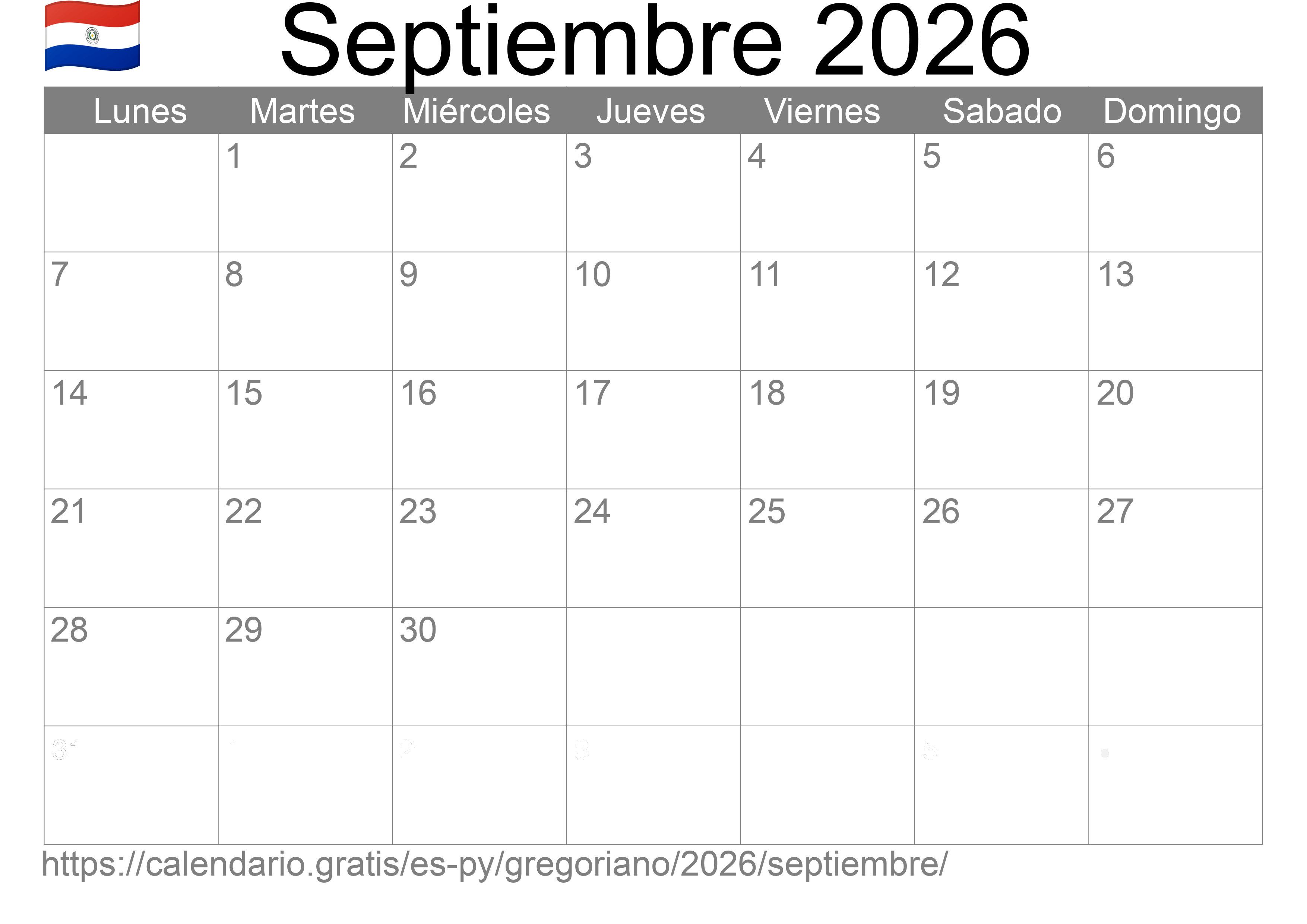 Calendario Septiembre 2026 para imprimir