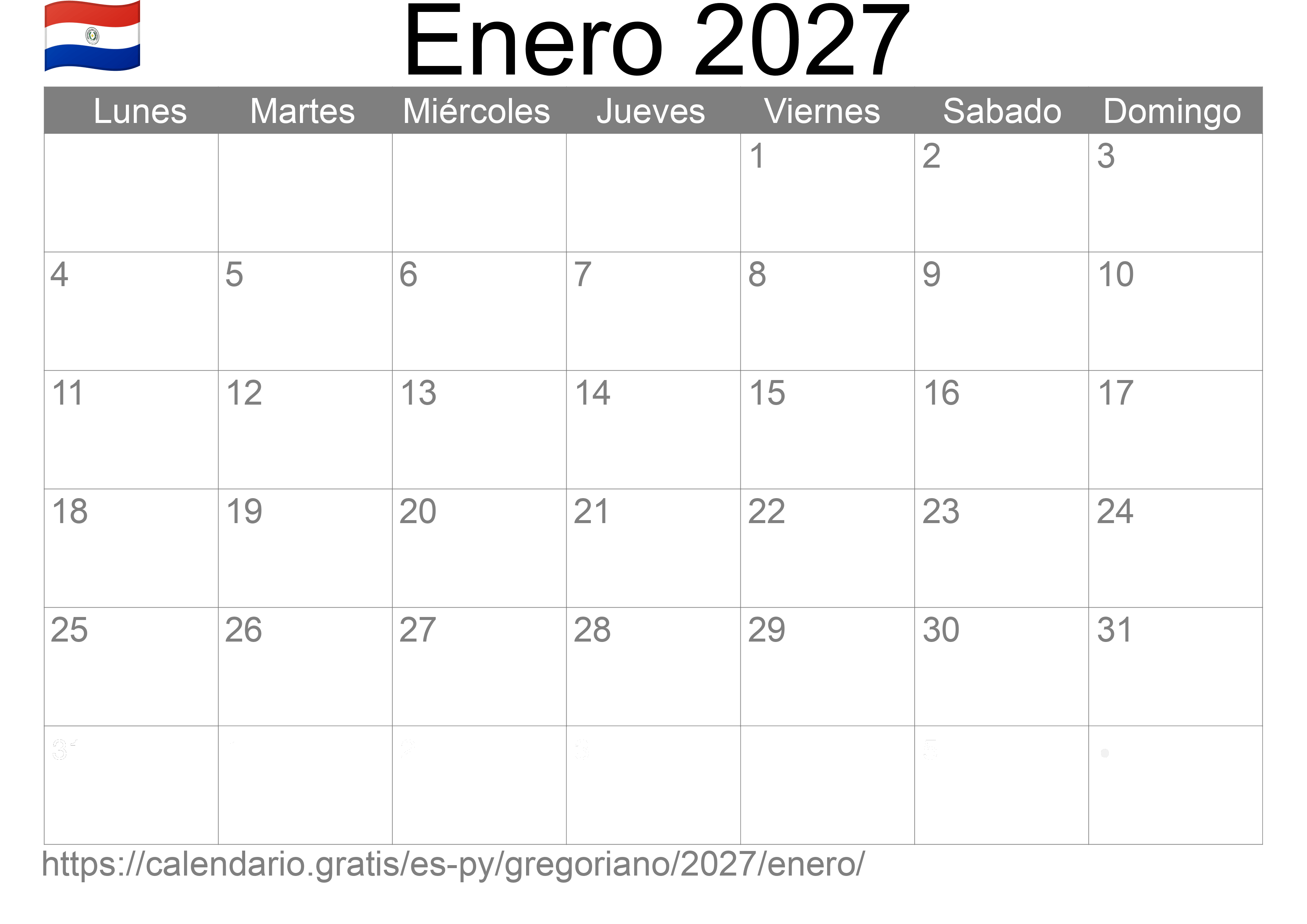 Calendario Enero 2027 para imprimir