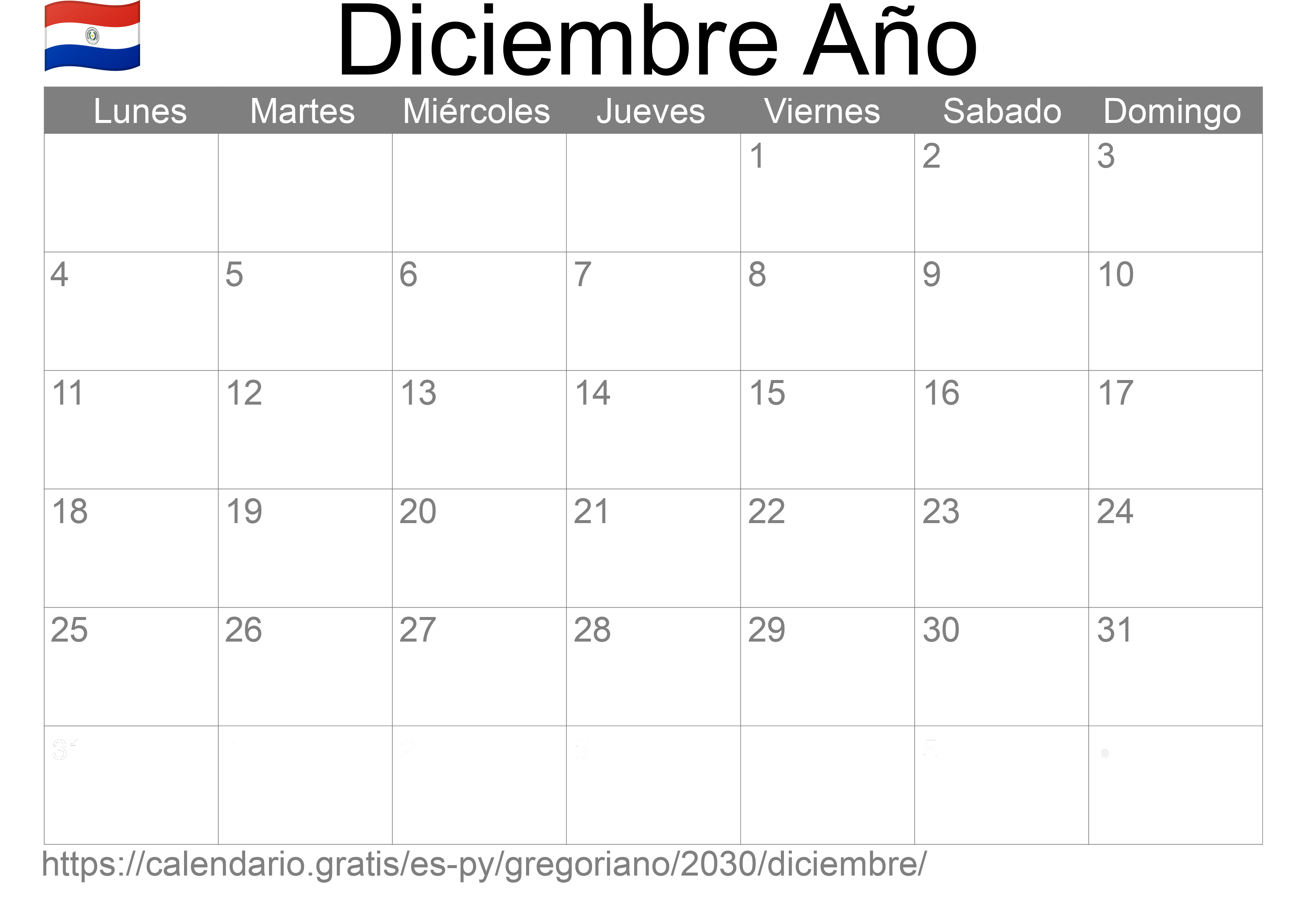 Calendario Diciembre 2030 para imprimir