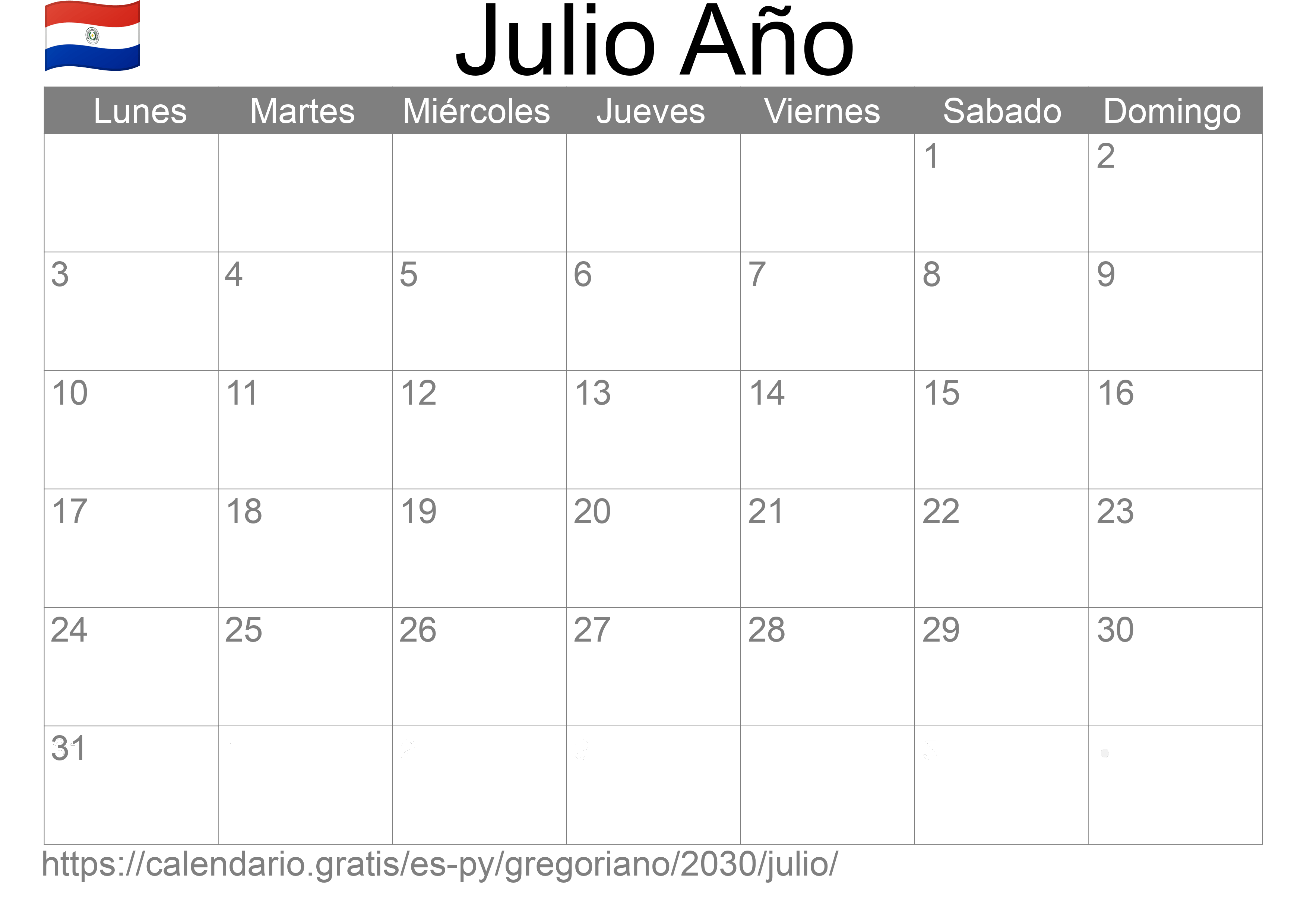 Calendario Julio 2030 para imprimir