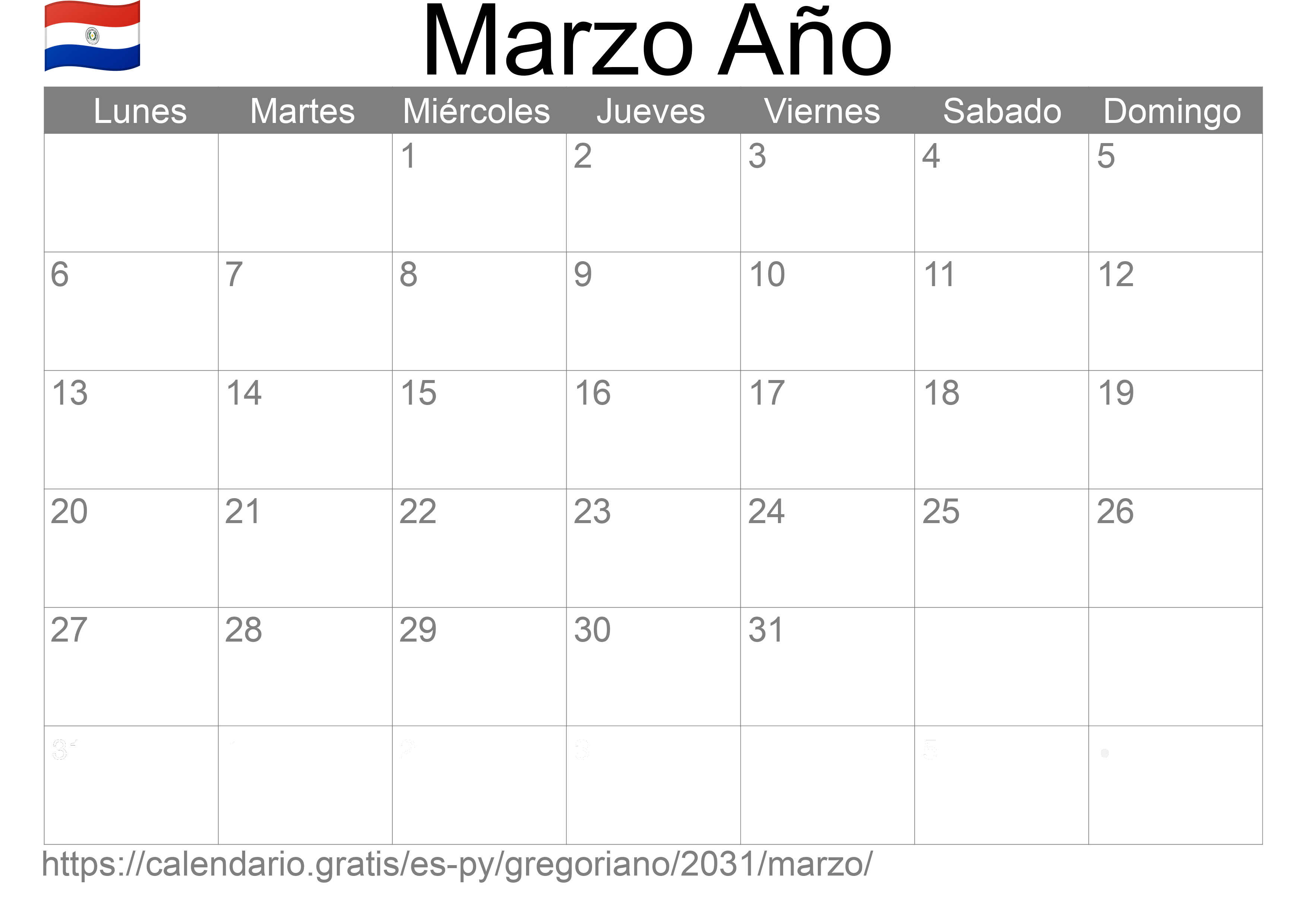 Calendario Marzo 2031 para imprimir