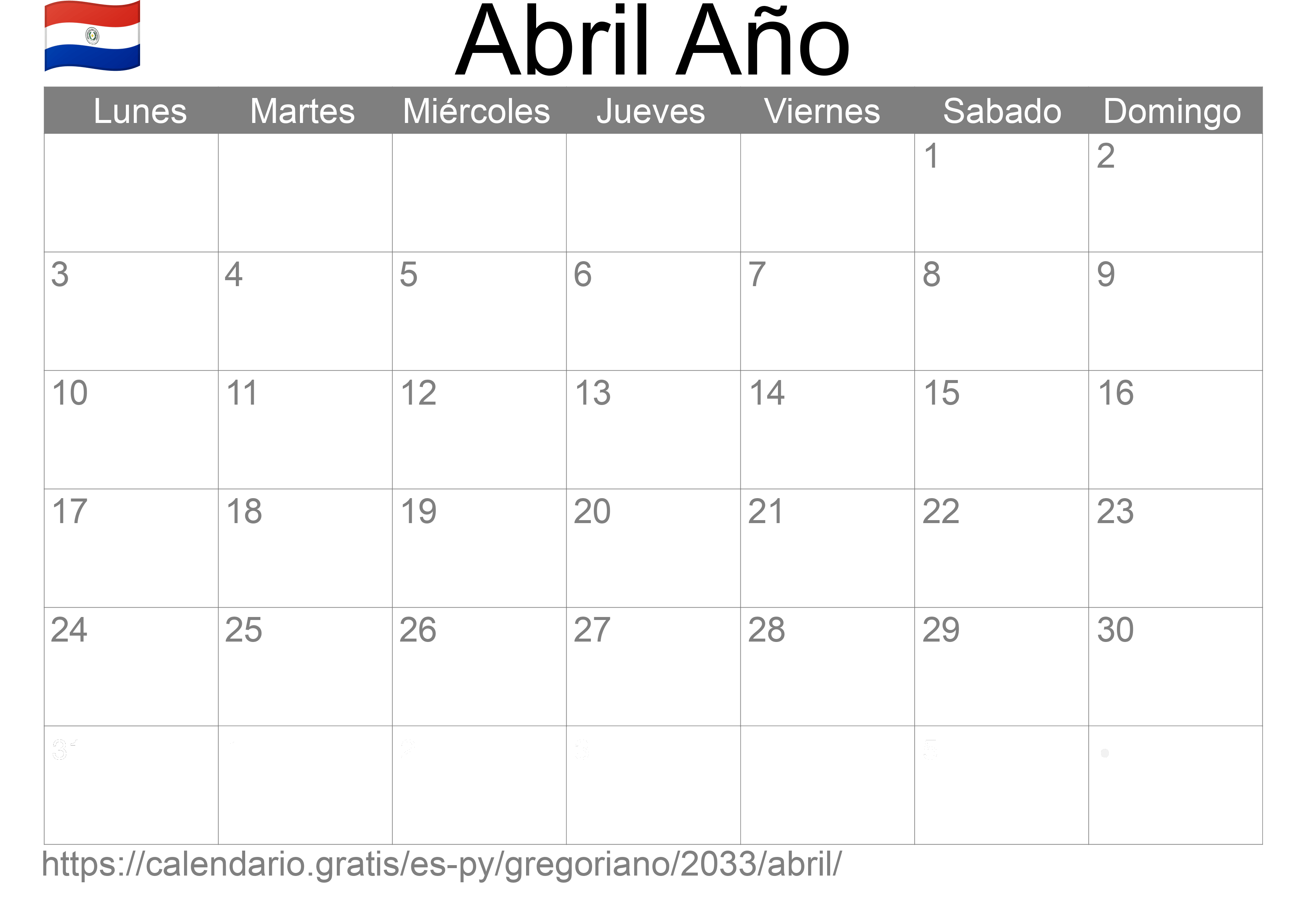 Calendario Abril 2033 para imprimir