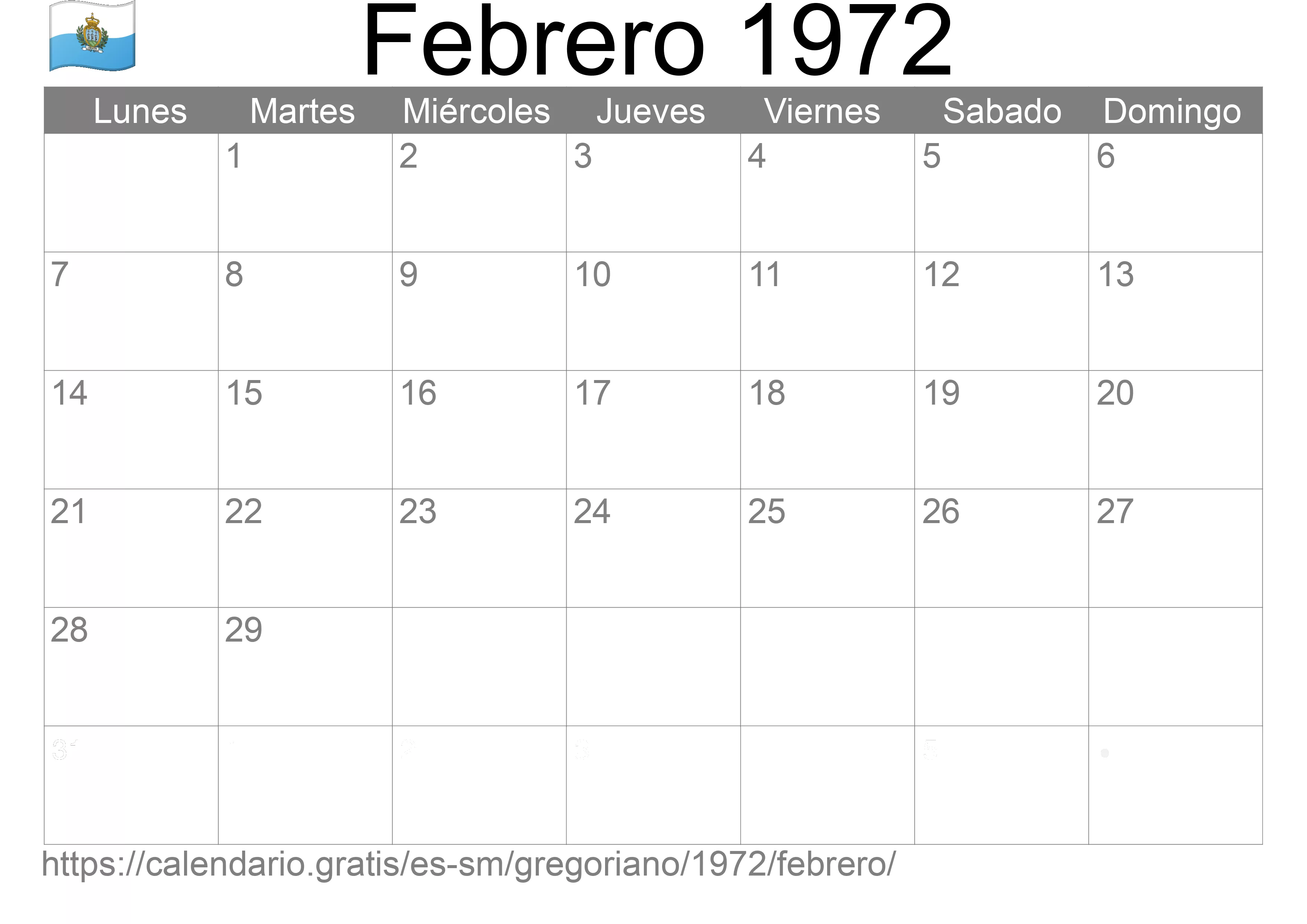 Calendario Febrero 1972 para imprimir (San Marino)