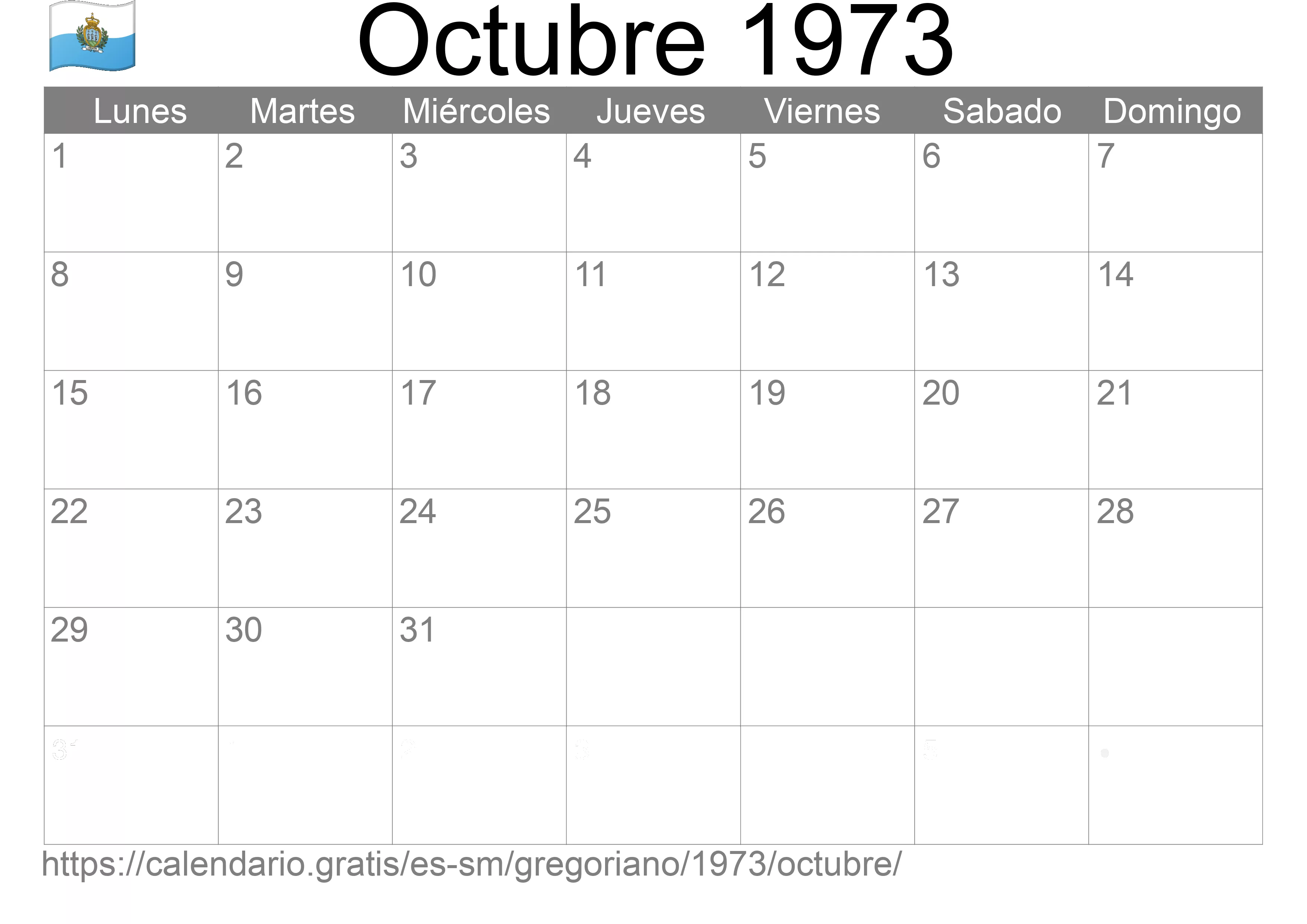 Calendario Octubre 1973 para imprimir (San Marino)