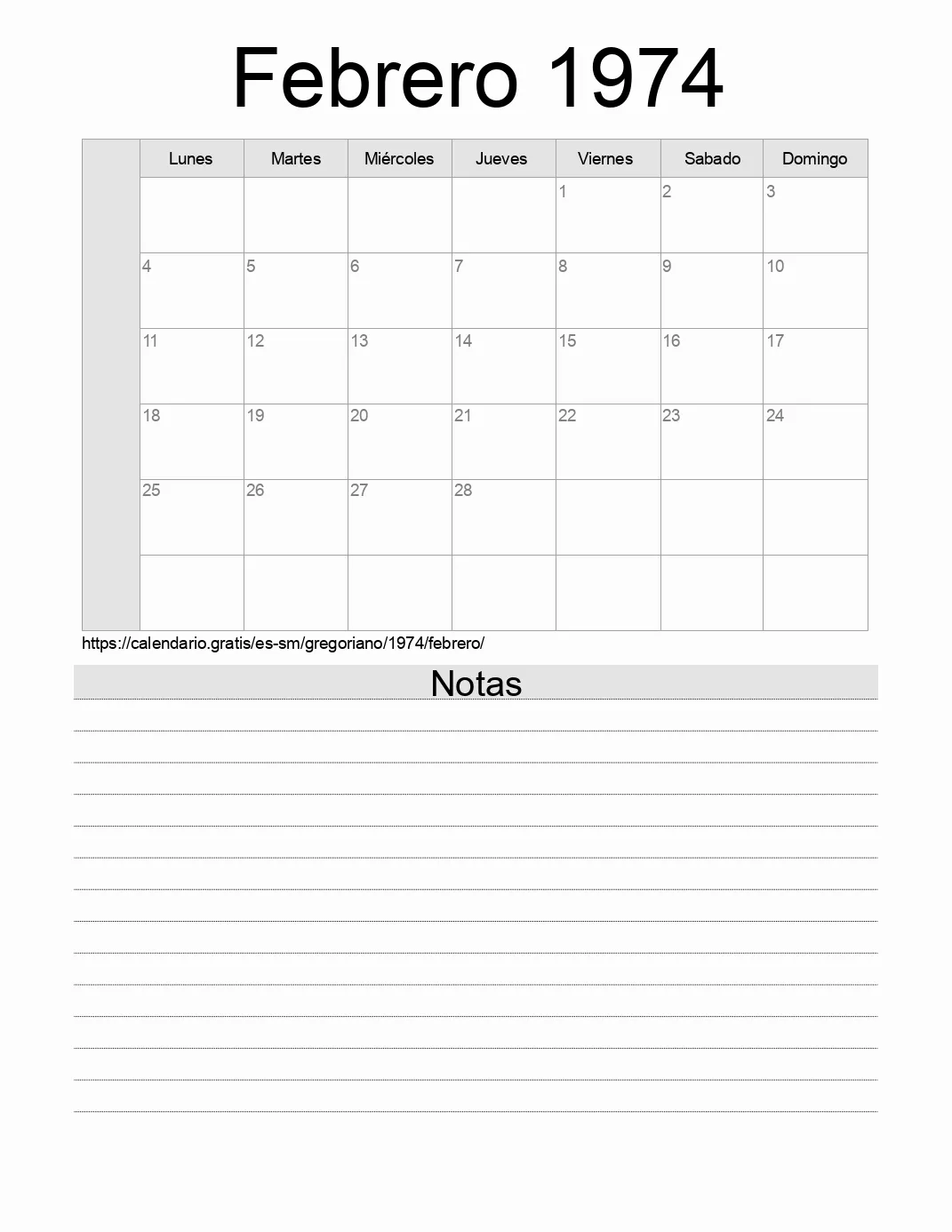 Calendario Febrero 1974 para imprimir con notas. (San Marino)