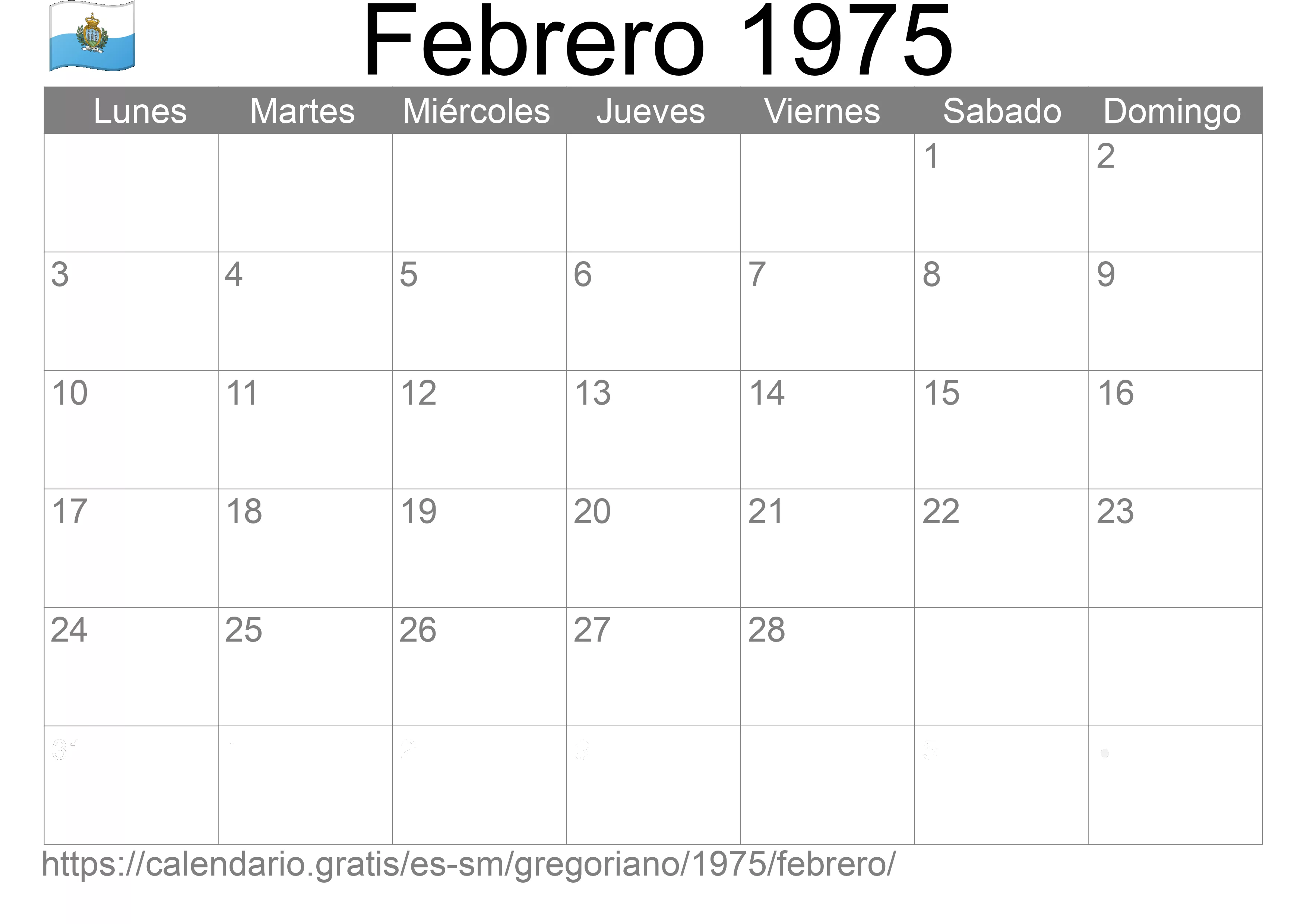 Calendario Febrero 1975 para imprimir (San Marino)