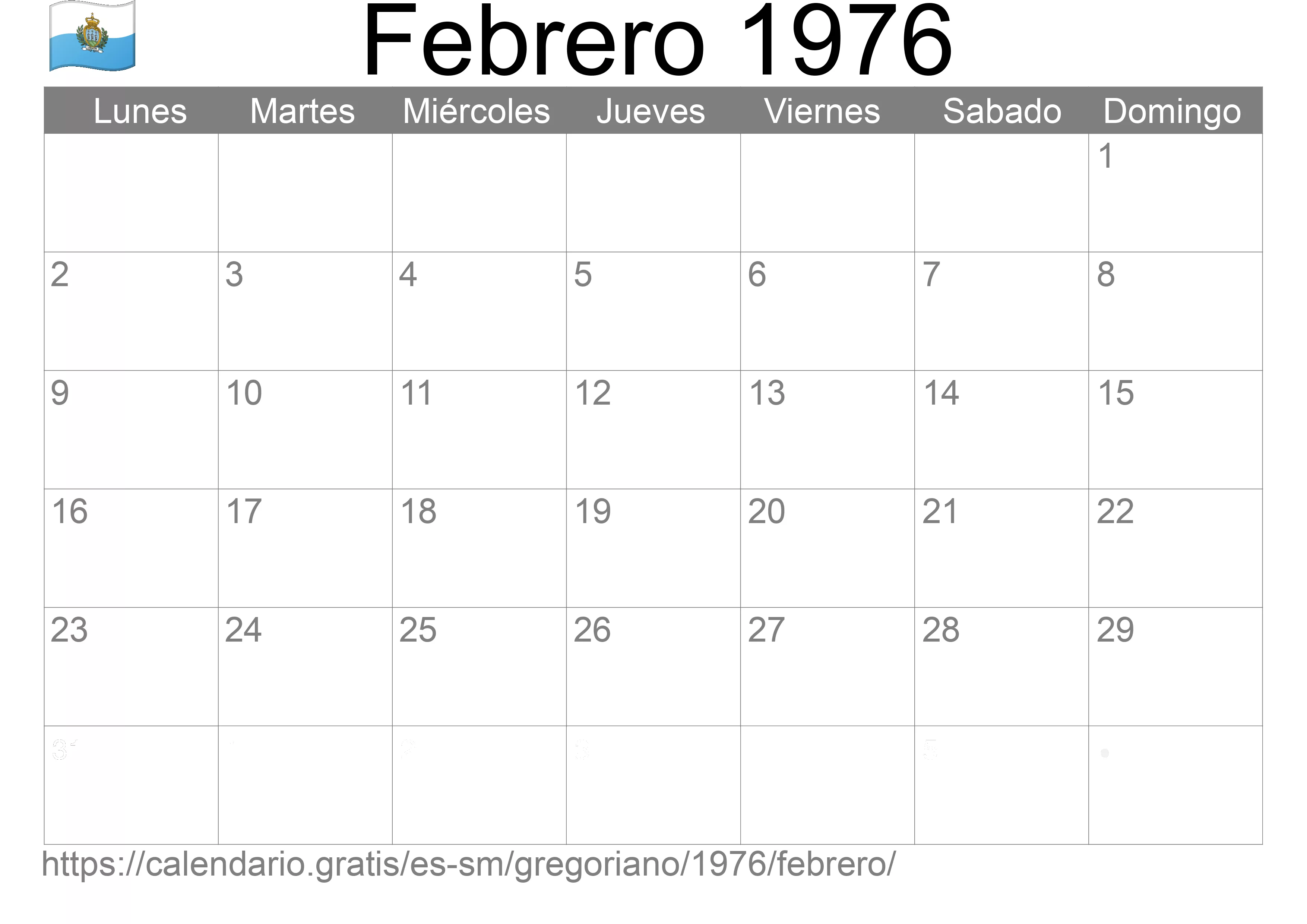 Calendario Febrero 1976 para imprimir (San Marino)