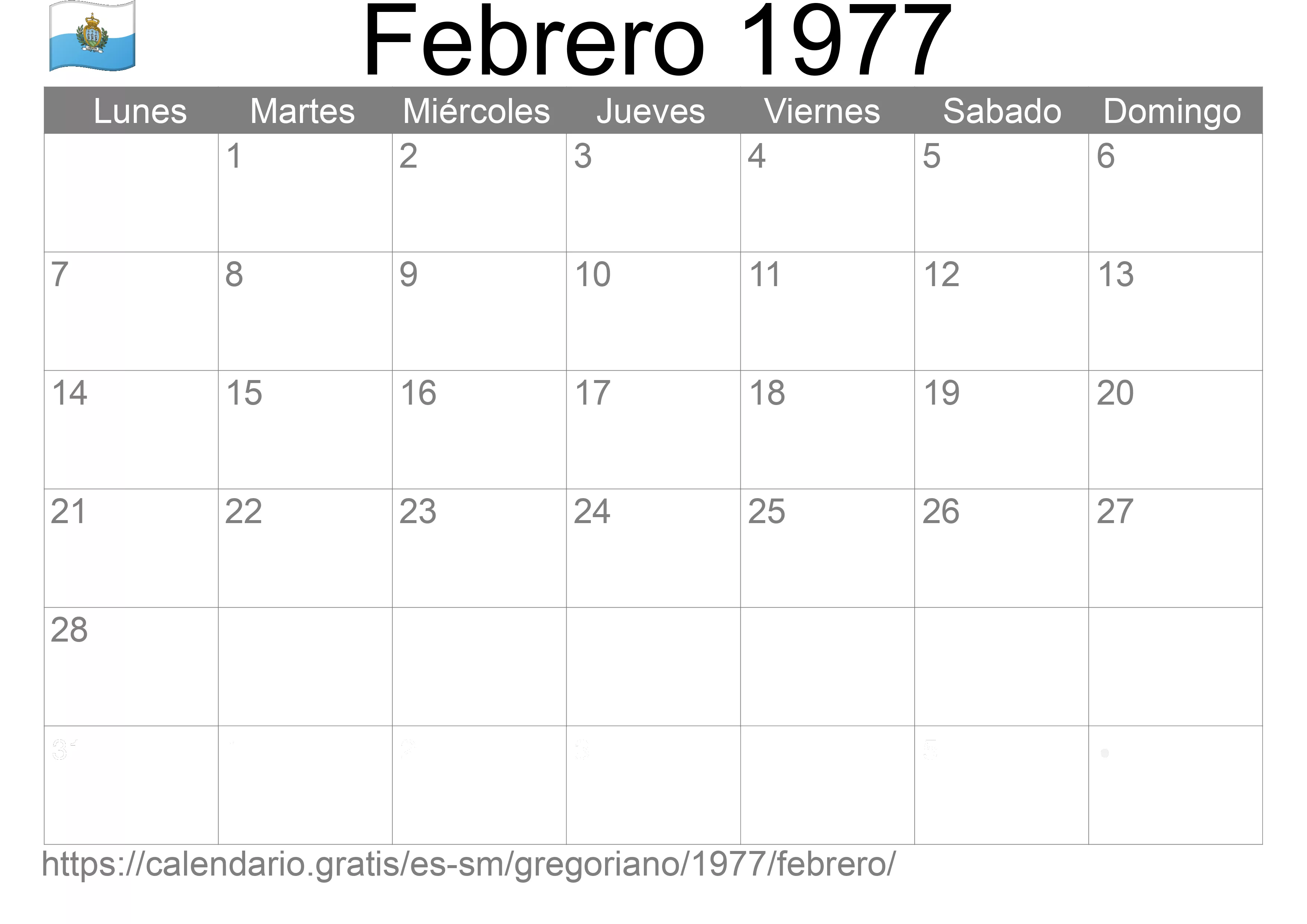 Calendario Febrero 1977 para imprimir (San Marino)