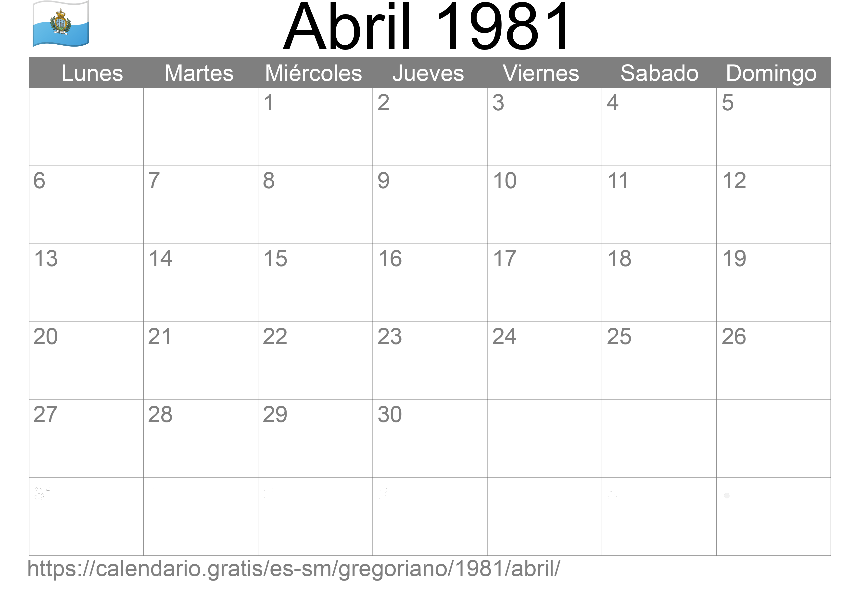 Calendario Abril 1981 para imprimir