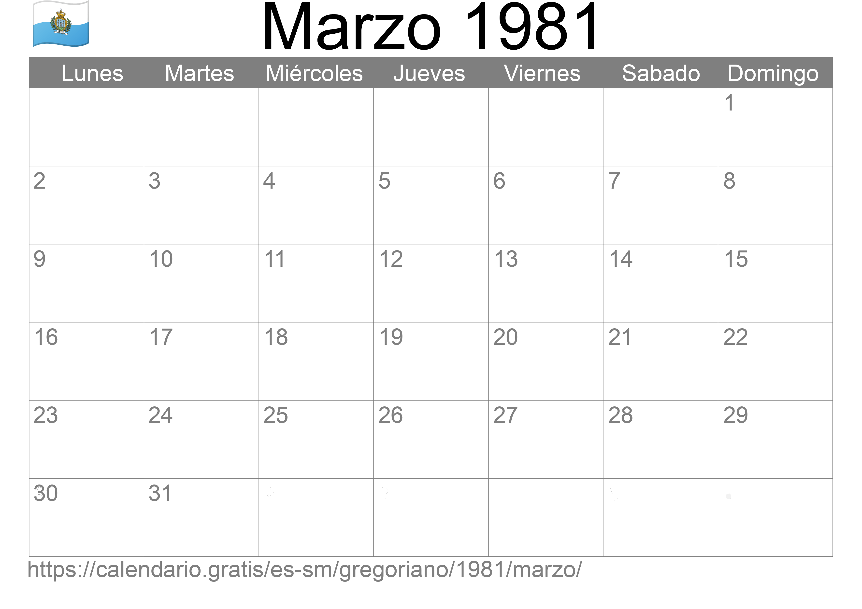 Calendario Marzo 1981 para imprimir