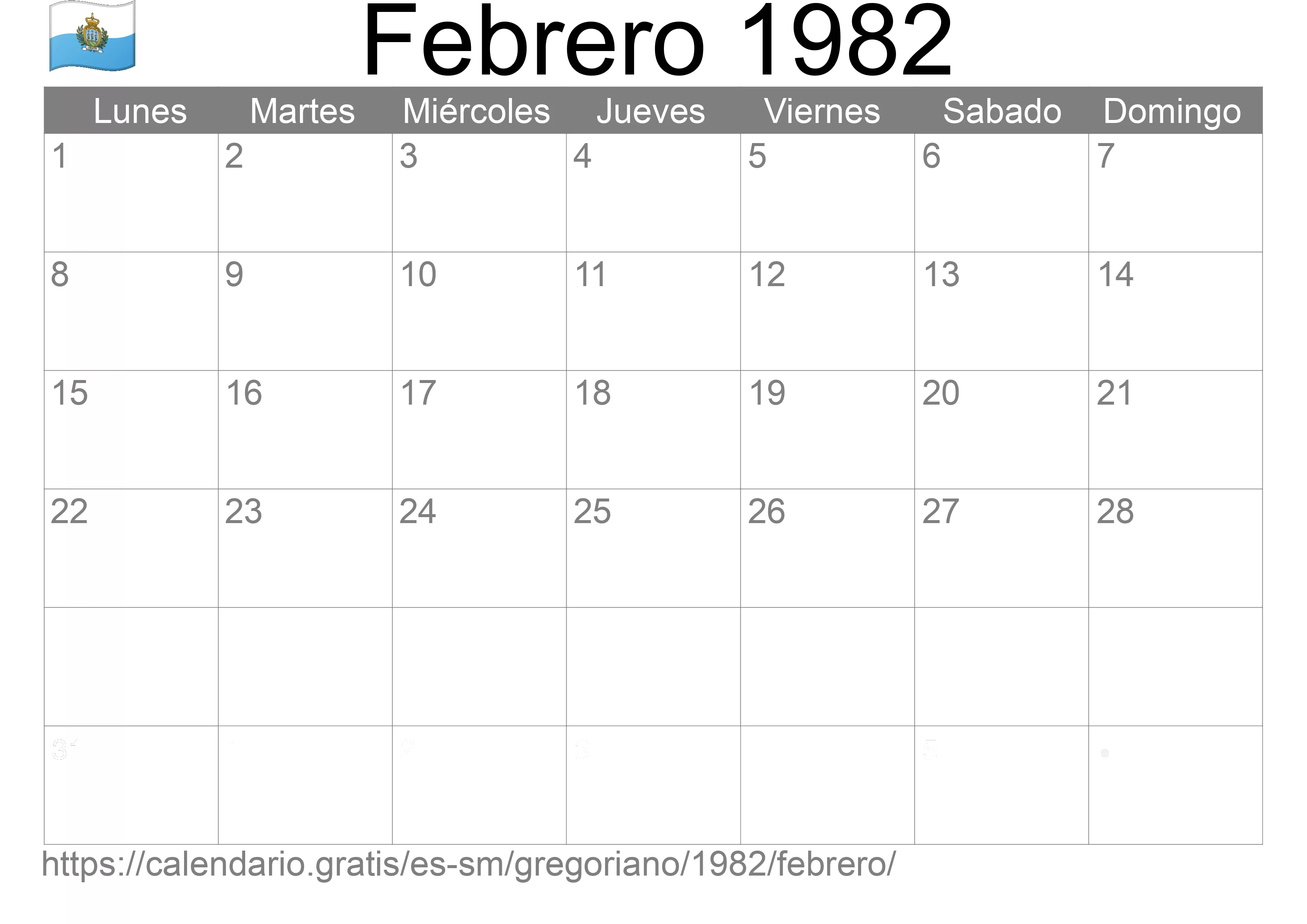 Calendario Febrero 1982 para imprimir (San Marino)