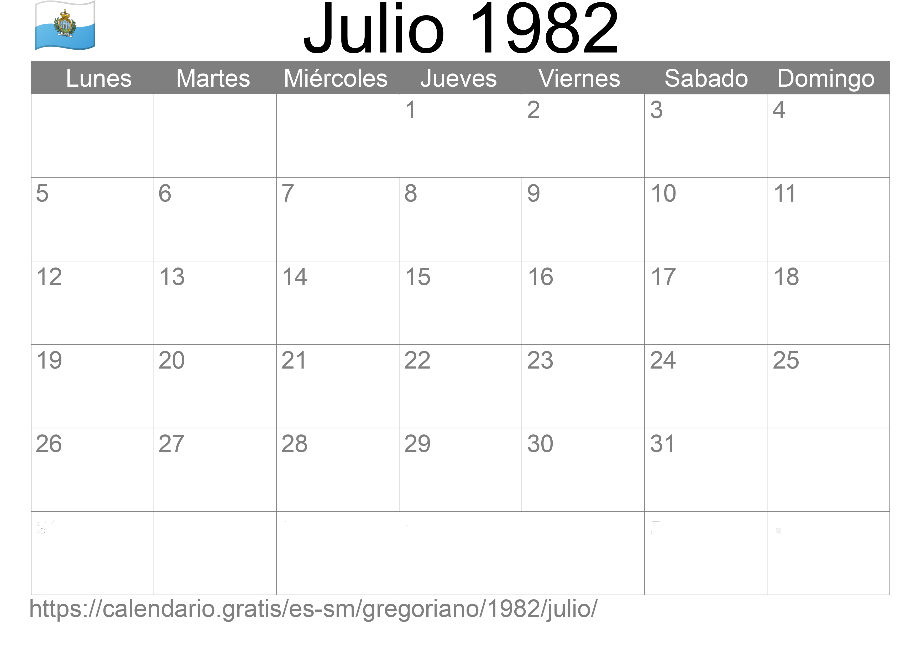 Calendario Julio 1982 para imprimir