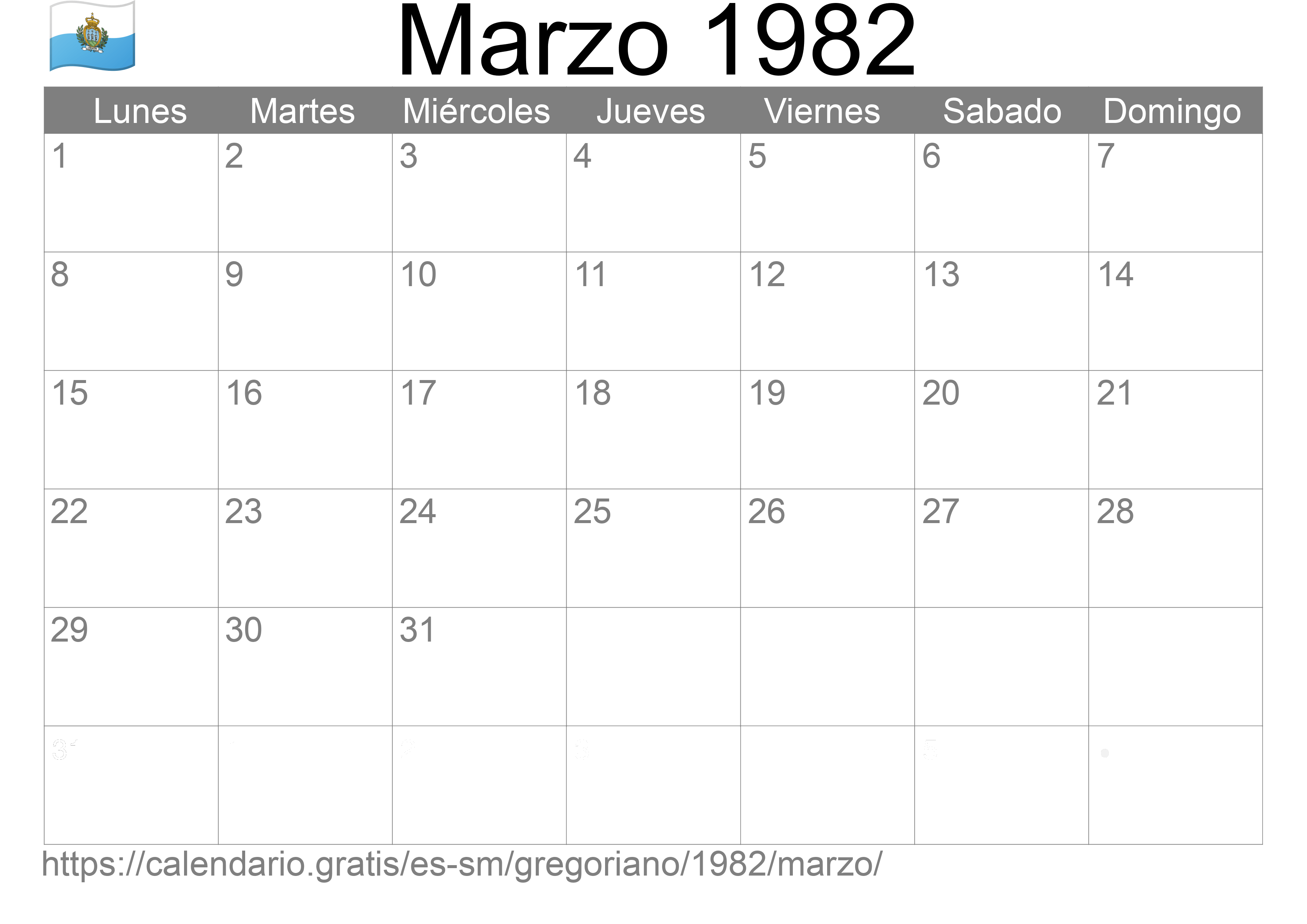 Calendario Marzo 1982 para imprimir