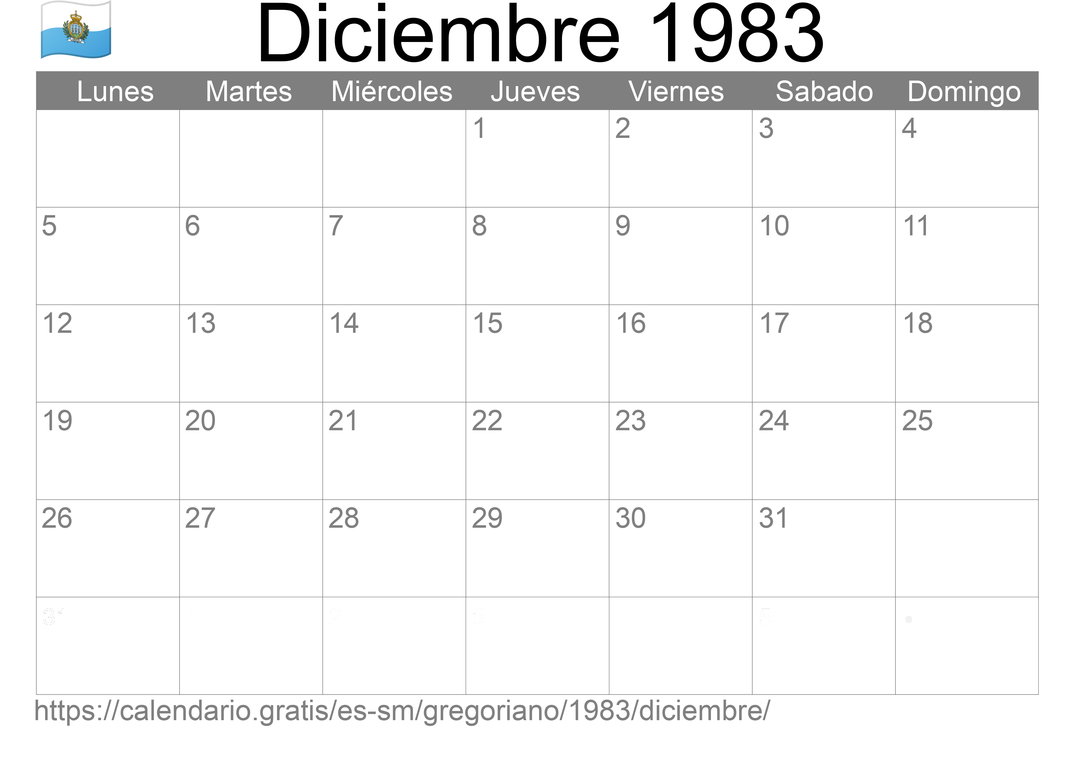 Calendario Diciembre 1983 para imprimir