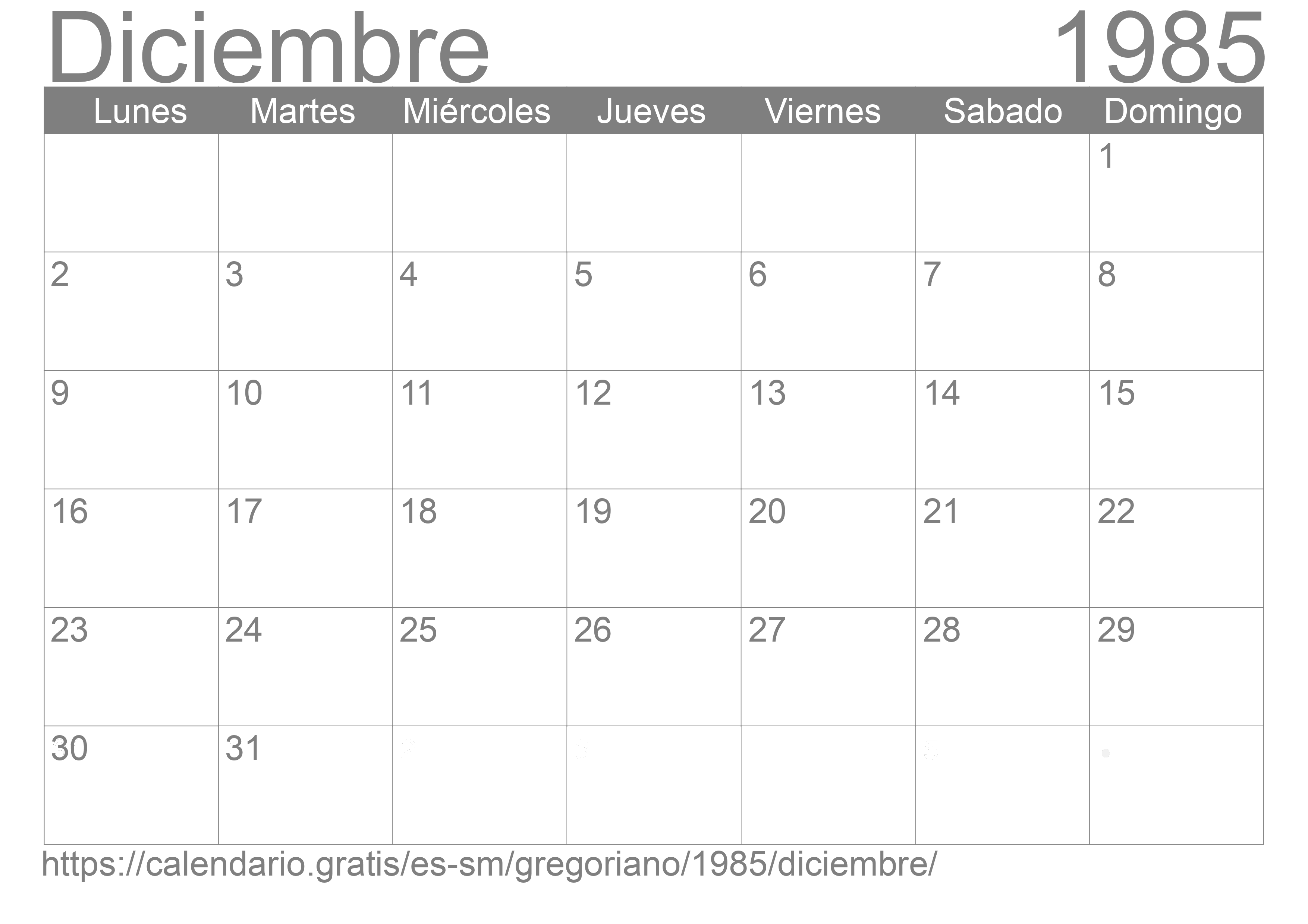 Calendario Diciembre 1985 para imprimir