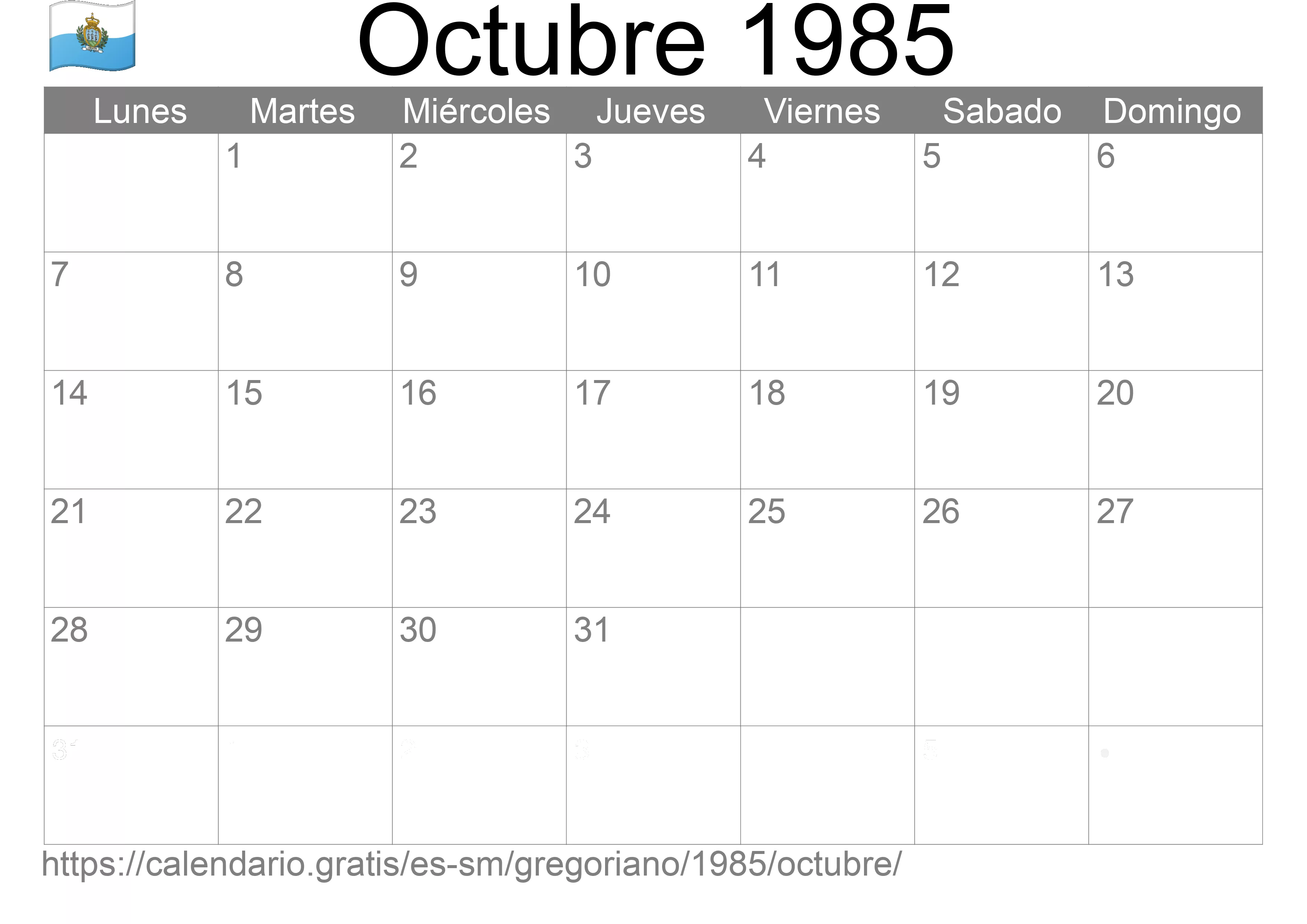Calendario Octubre 1985 para imprimir (San Marino)