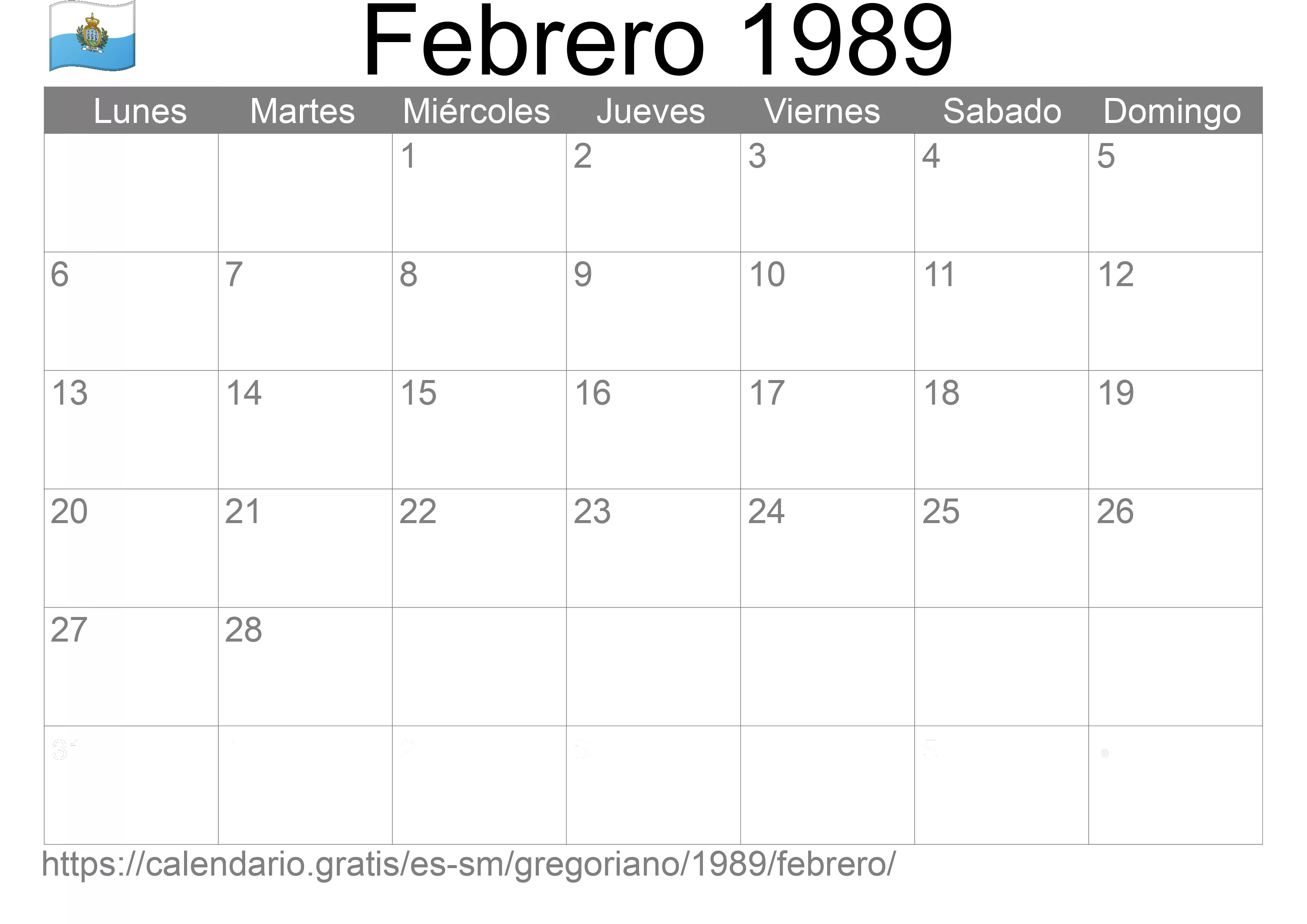 Calendario Febrero 1989 para imprimir (San Marino)