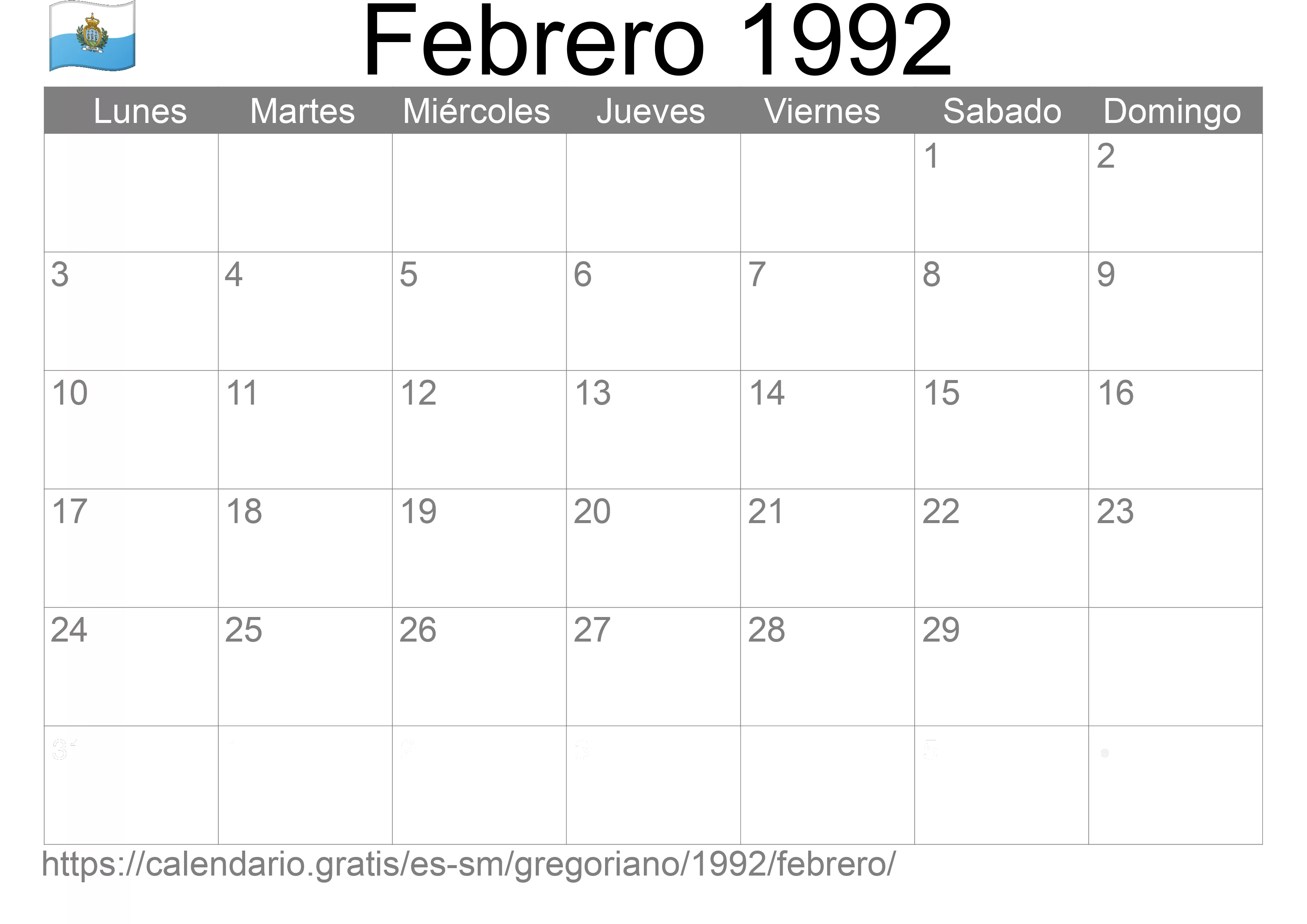 Calendario Febrero 1992 para imprimir (San Marino)