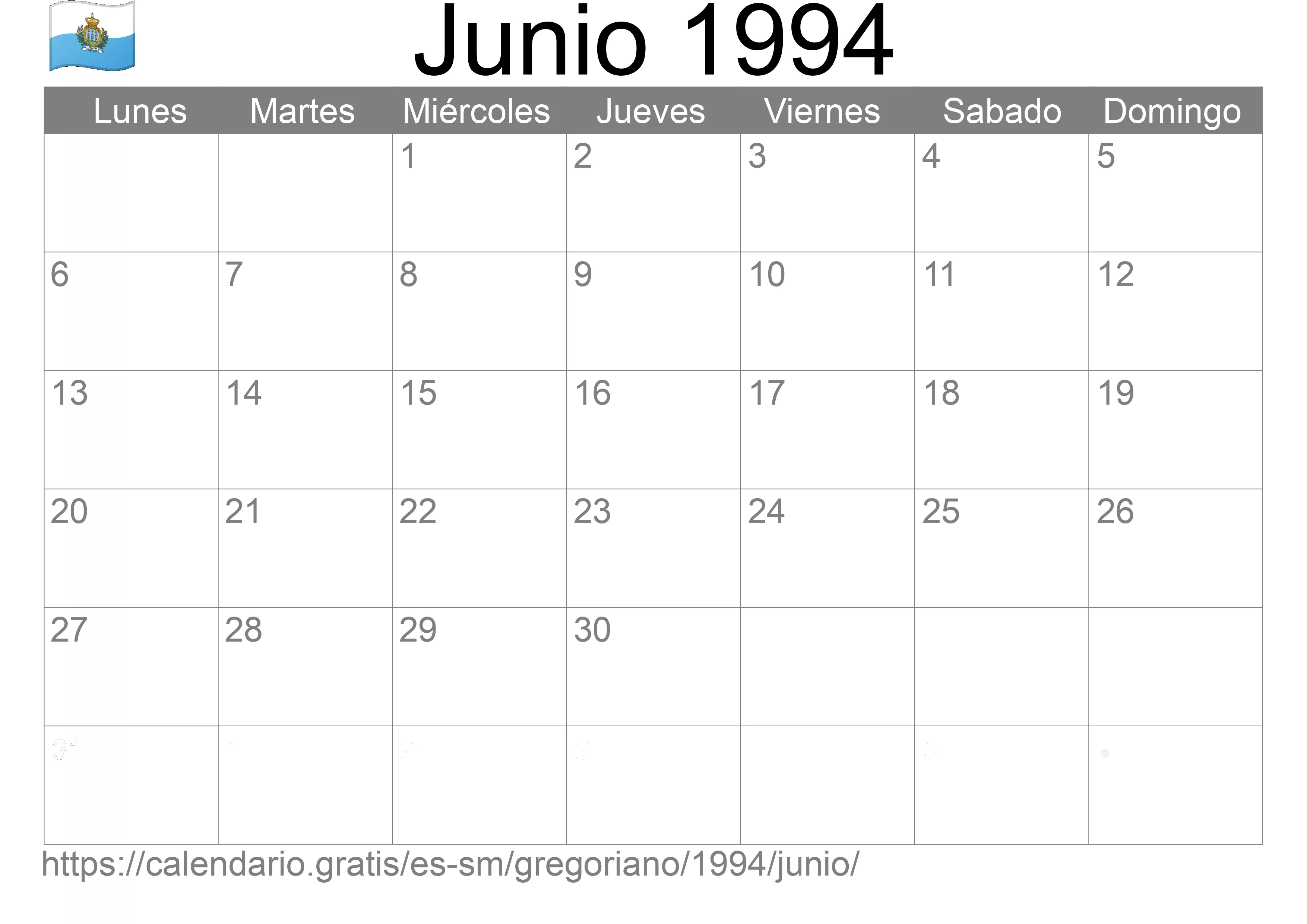 Calendario Junio 1994 para imprimir (San Marino)