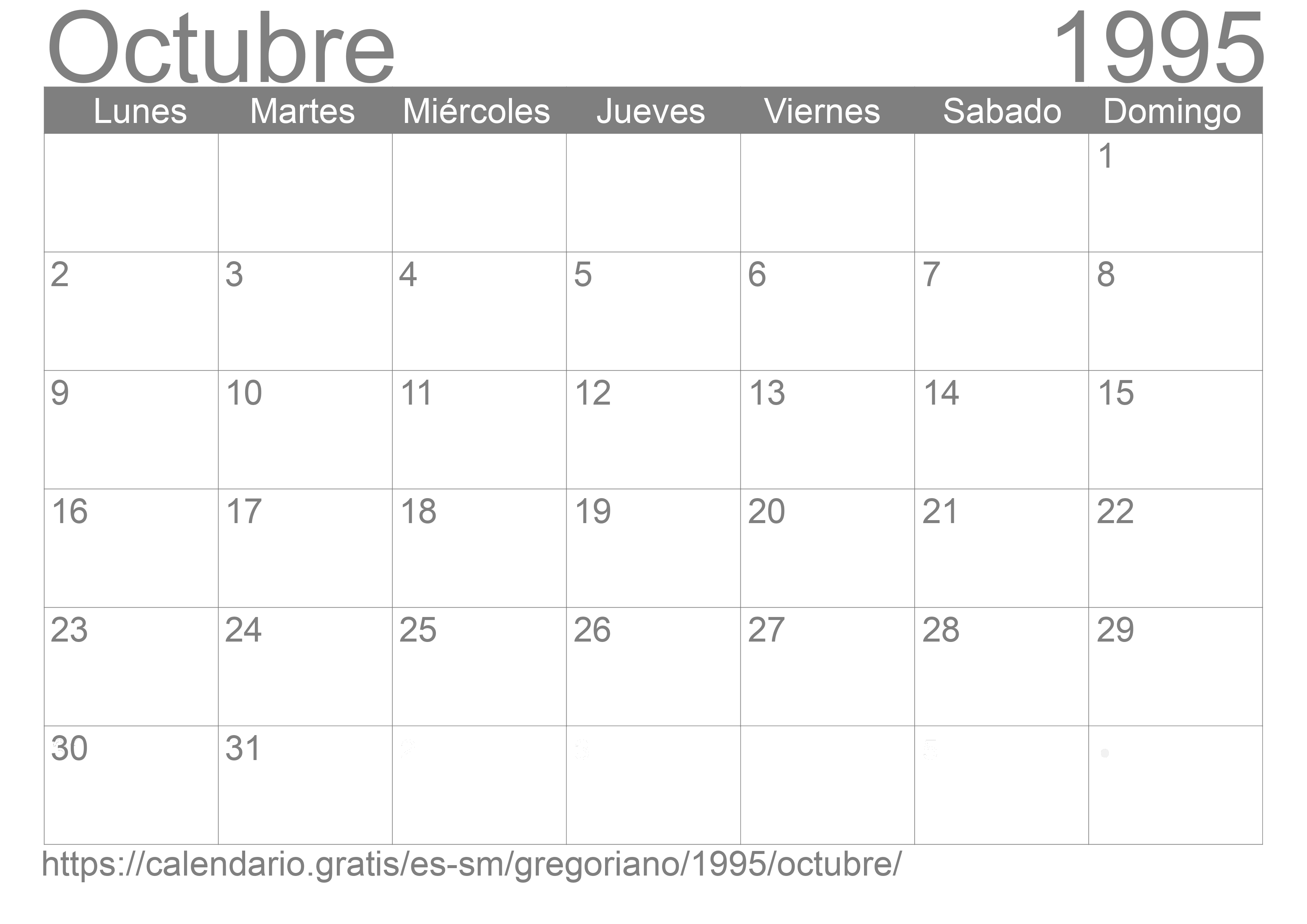 Calendario Octubre 1995 para imprimir