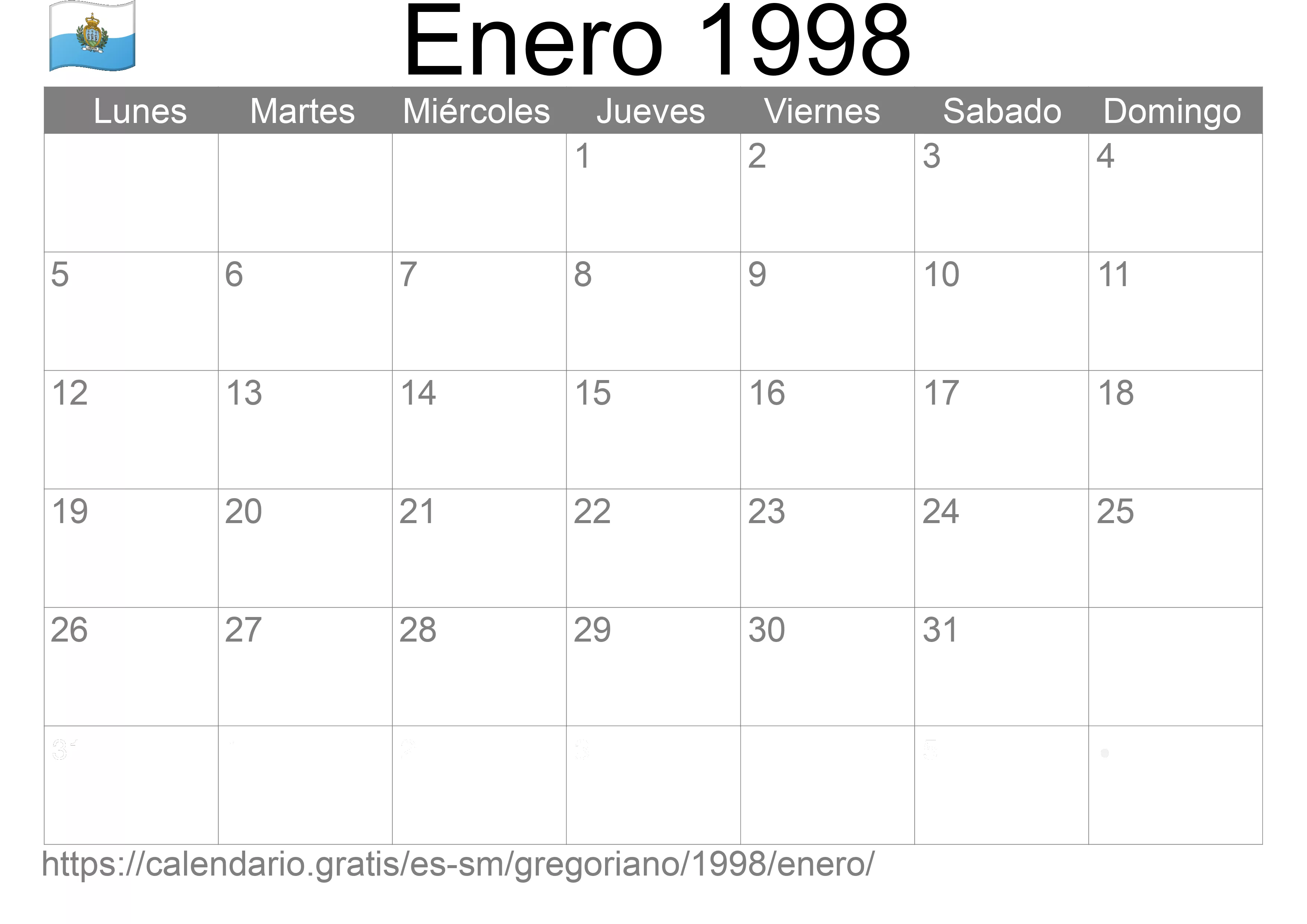 Calendario Enero 1998 para imprimir (San Marino)