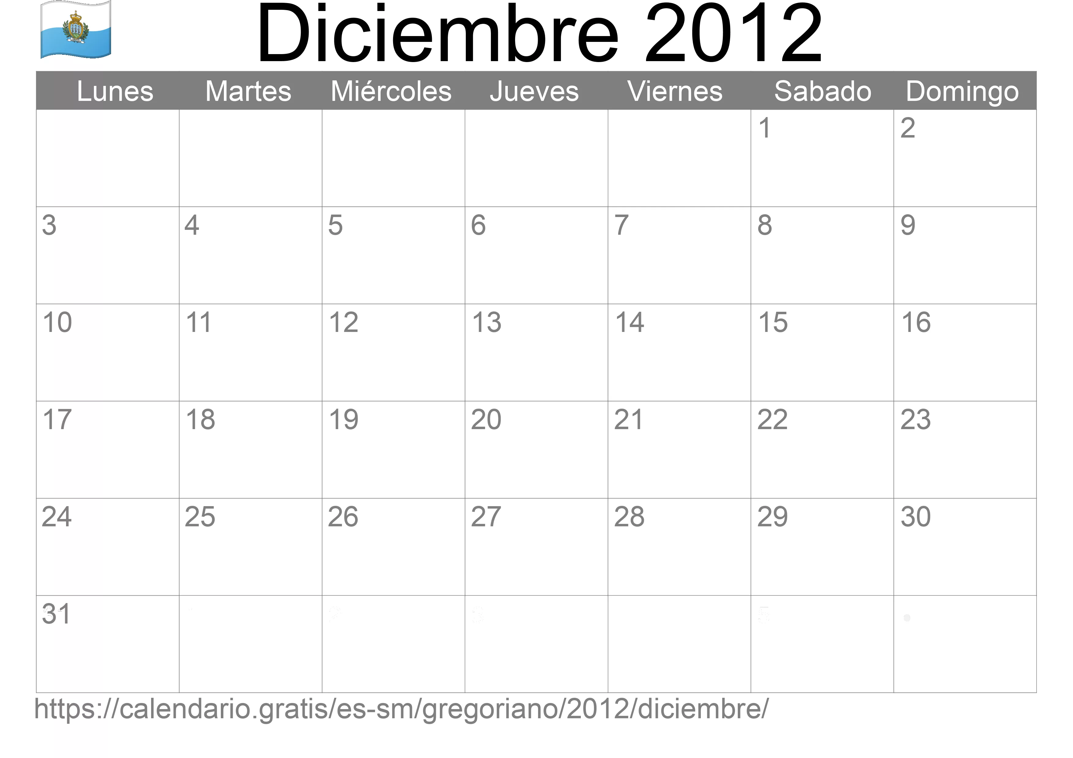 Calendario Diciembre 2012 para imprimir (San Marino)