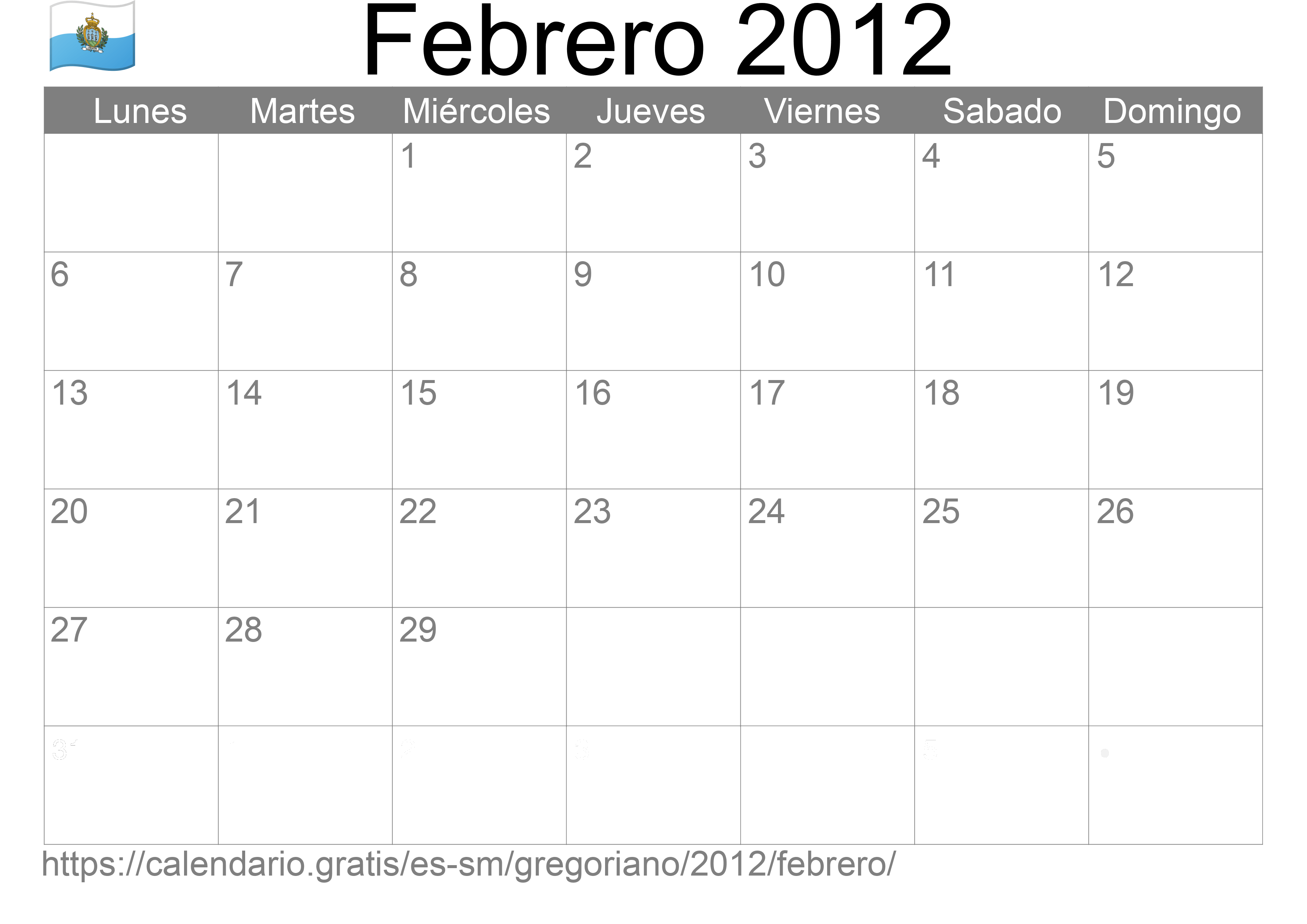 Calendario Febrero 2012 para imprimir