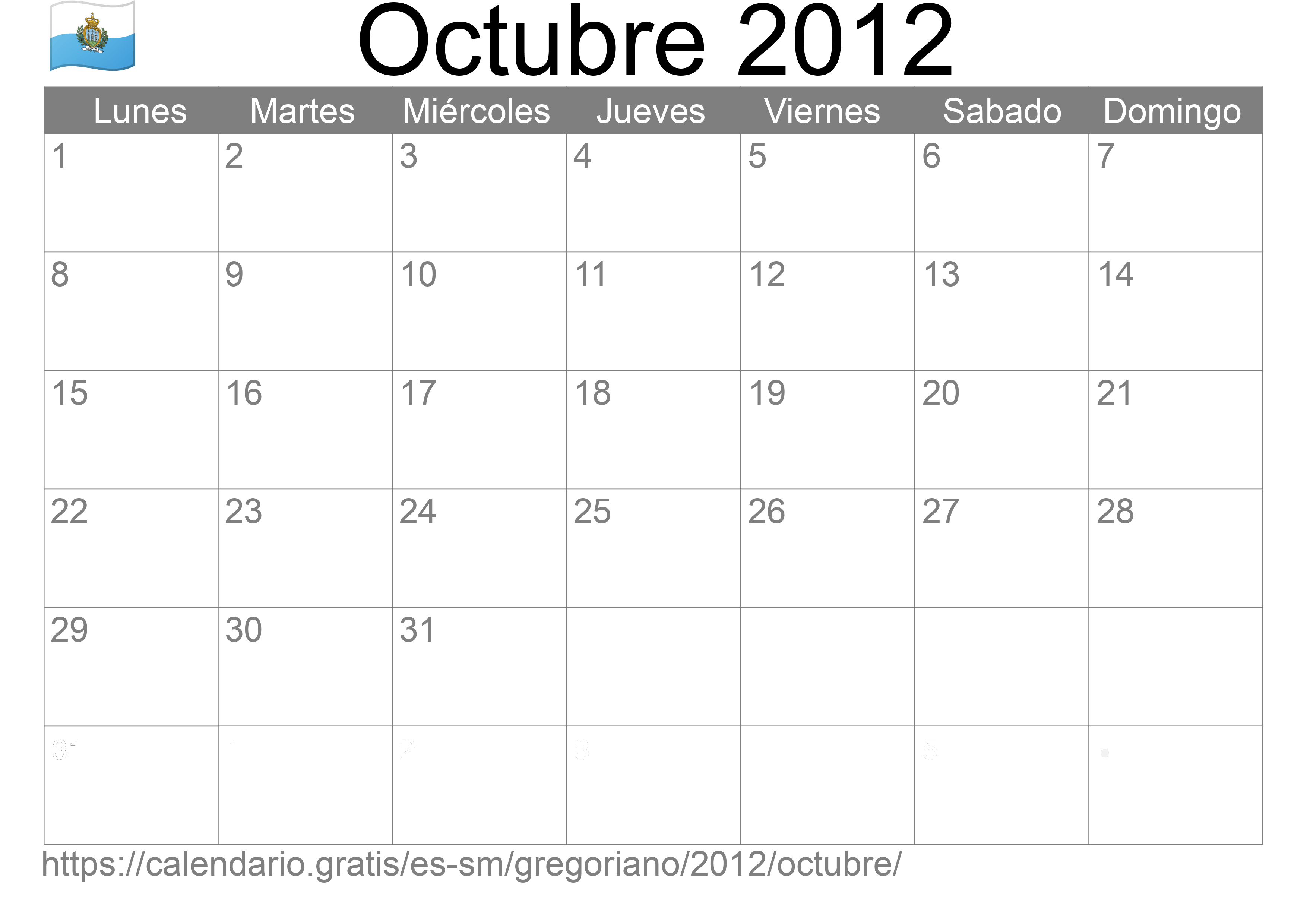 Calendario Octubre 2012 para imprimir