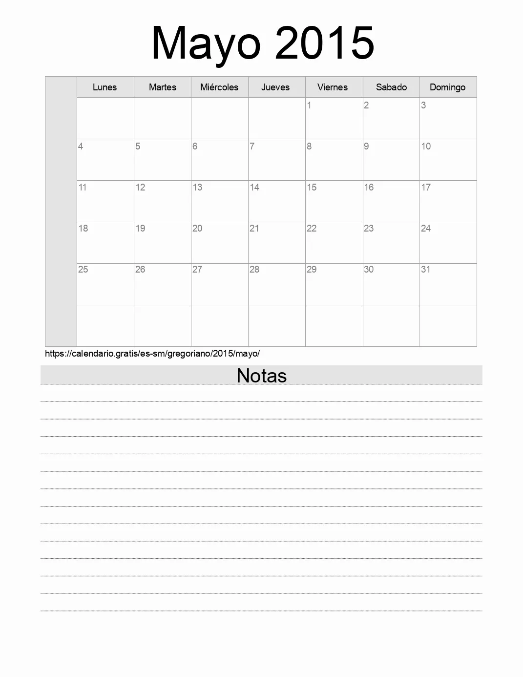 Calendario Mayo 2015 para imprimir con notas. (San Marino)