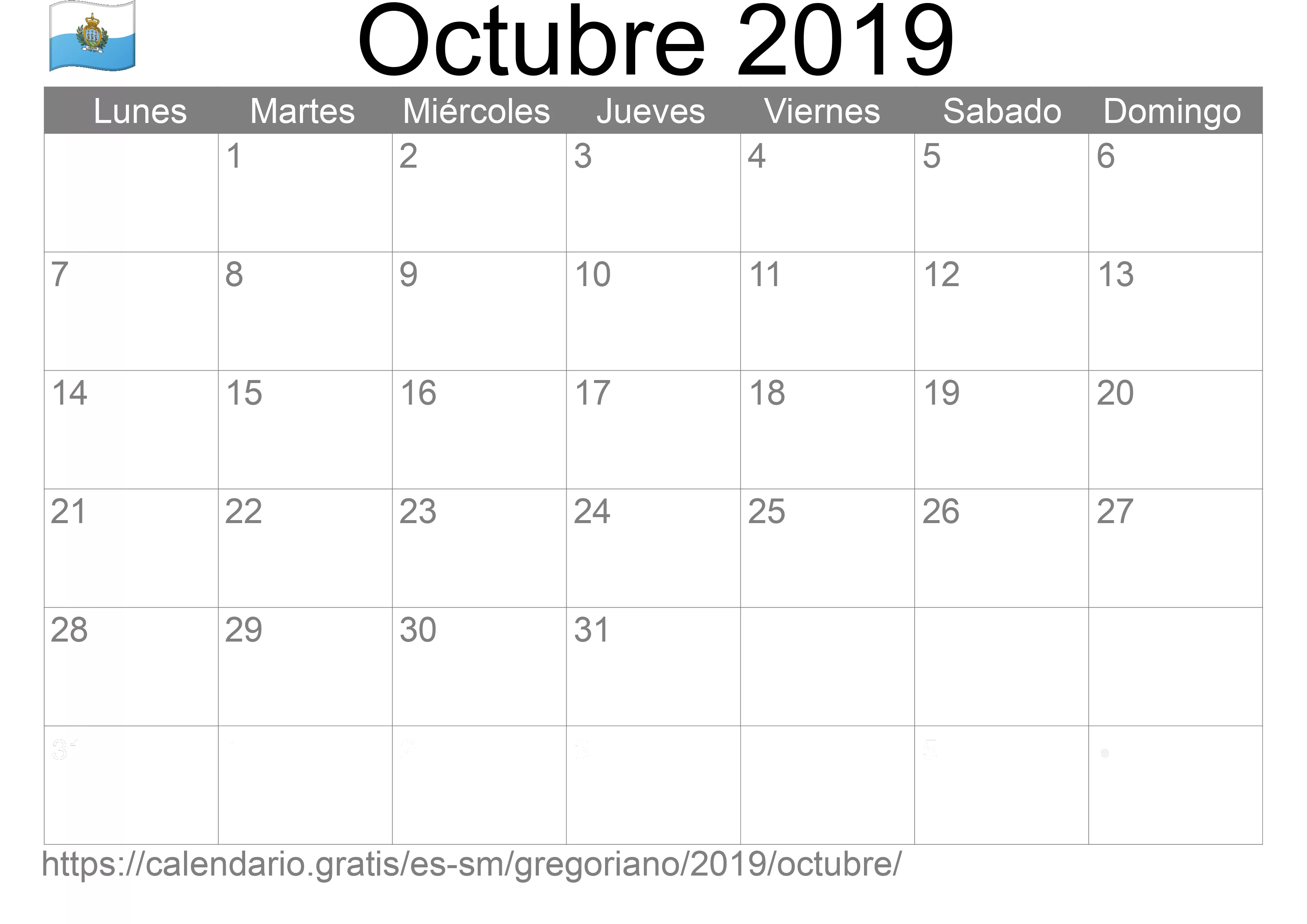 Calendario Octubre 2019 para imprimir (San Marino)