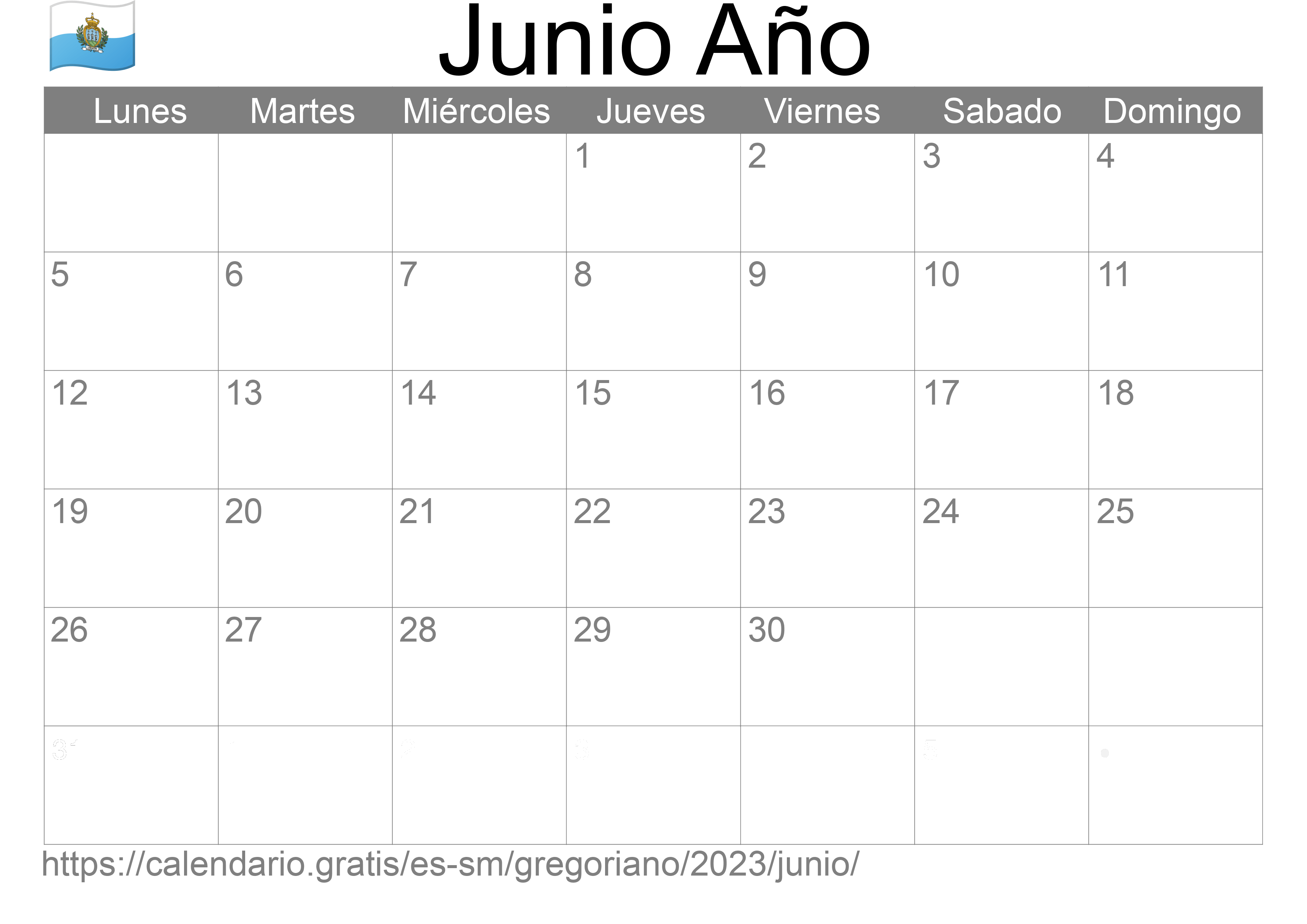 Calendario Junio 2023 para imprimir