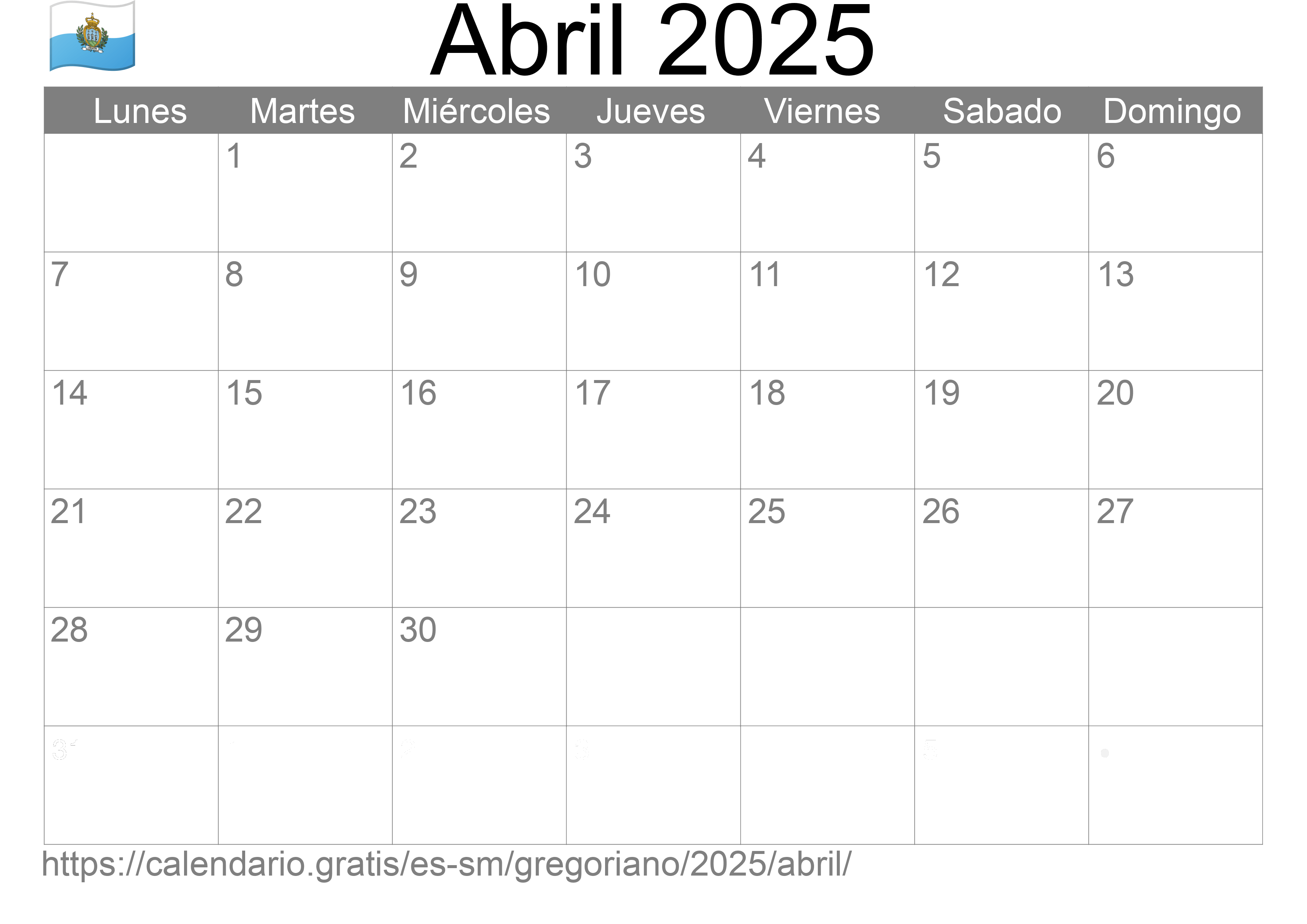 Calendario Abril 2025 para imprimir