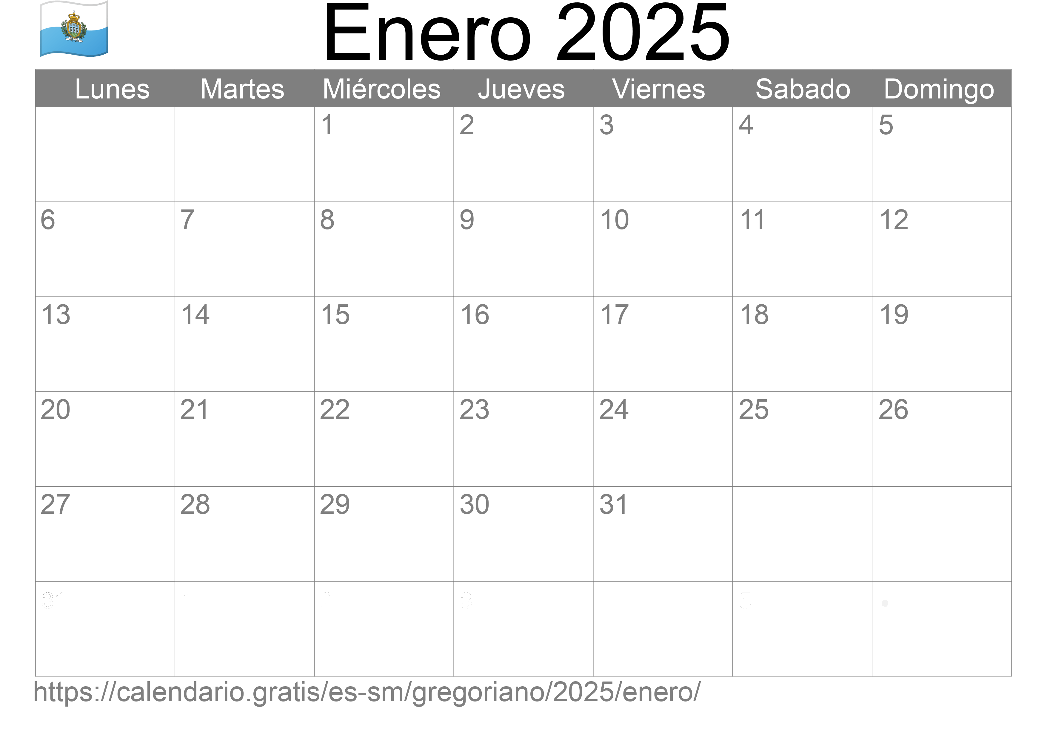 Calendario Enero 2025 para imprimir