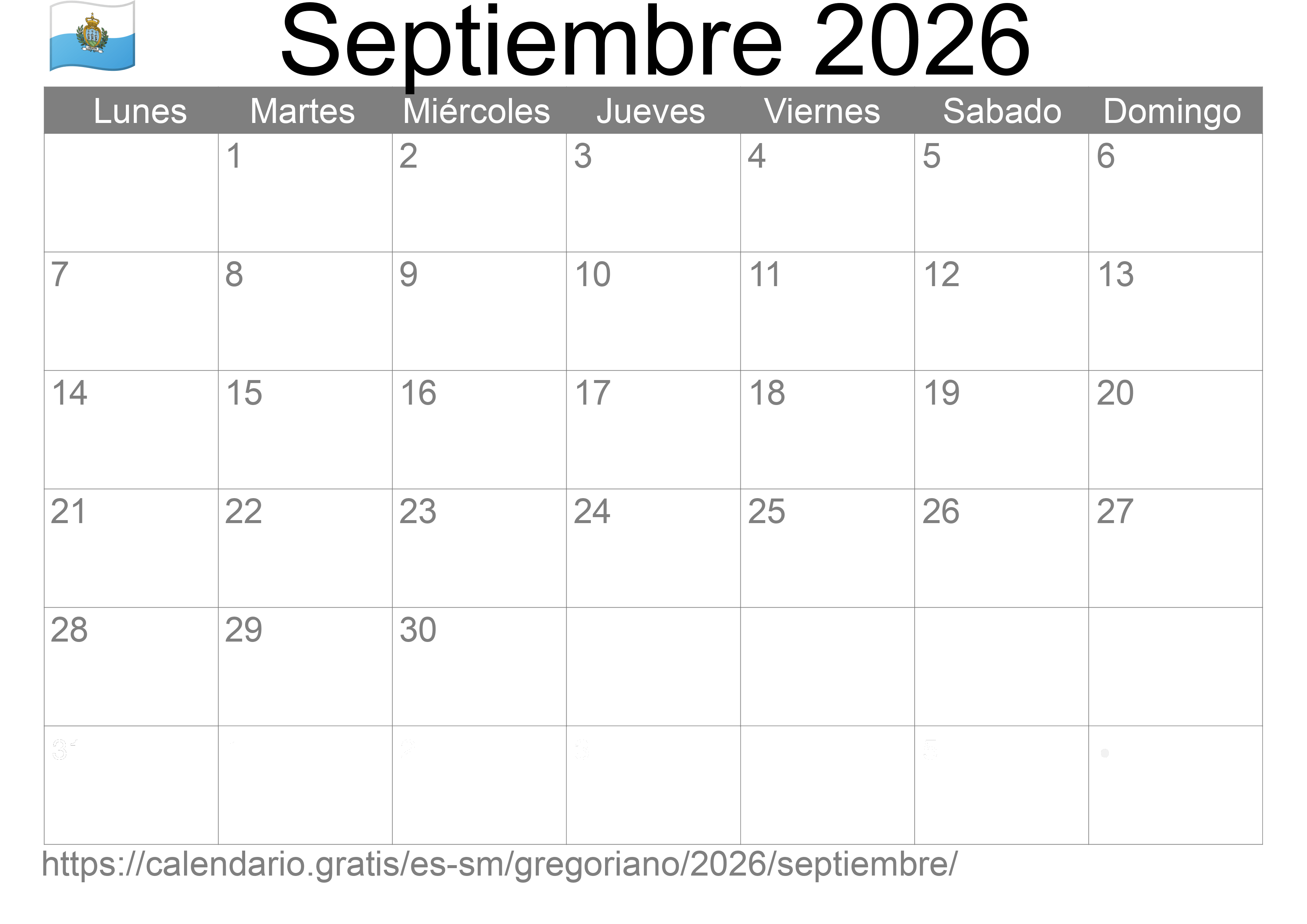 Calendario Septiembre 2026 para imprimir