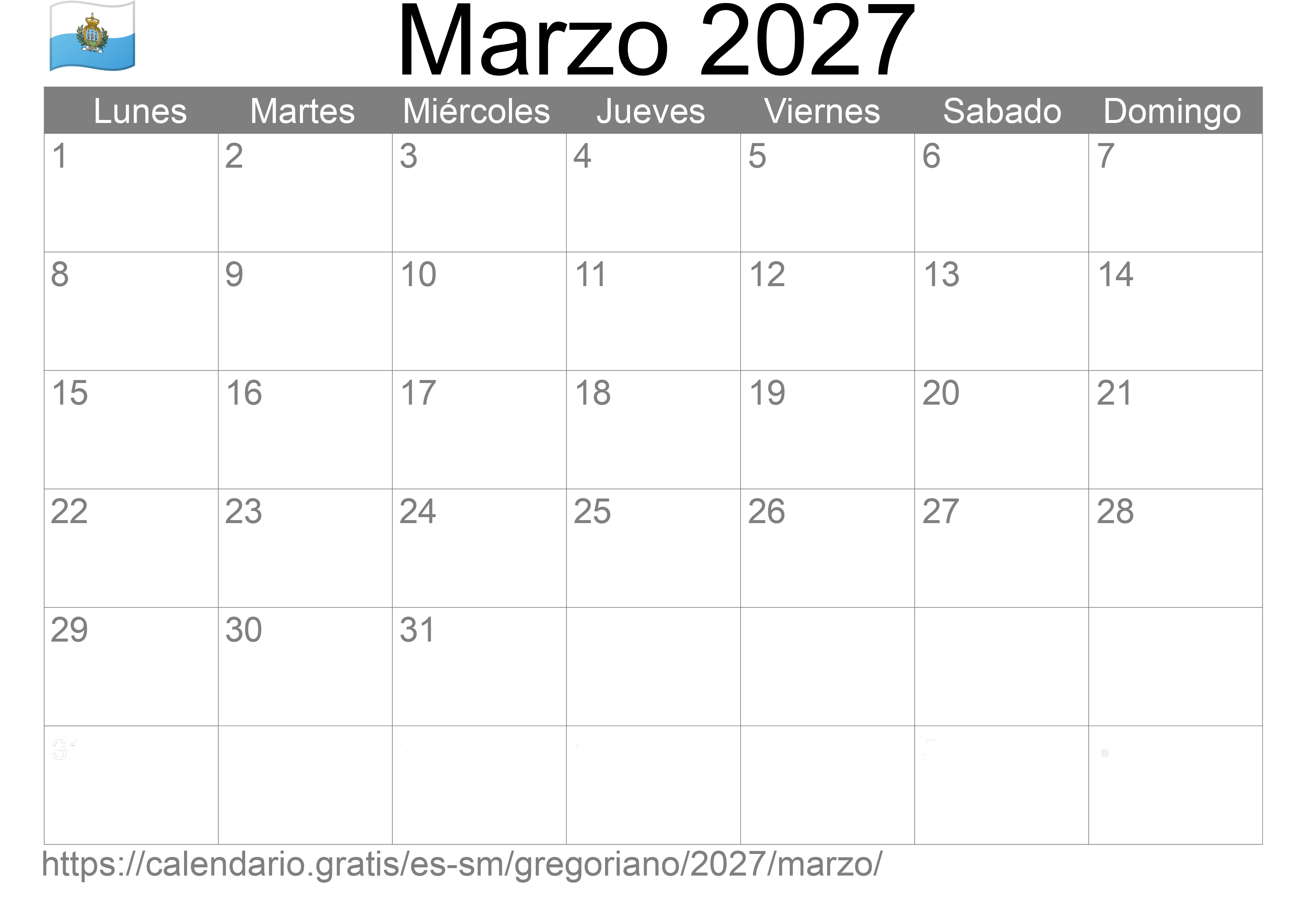 Calendario Marzo 2027 para imprimir