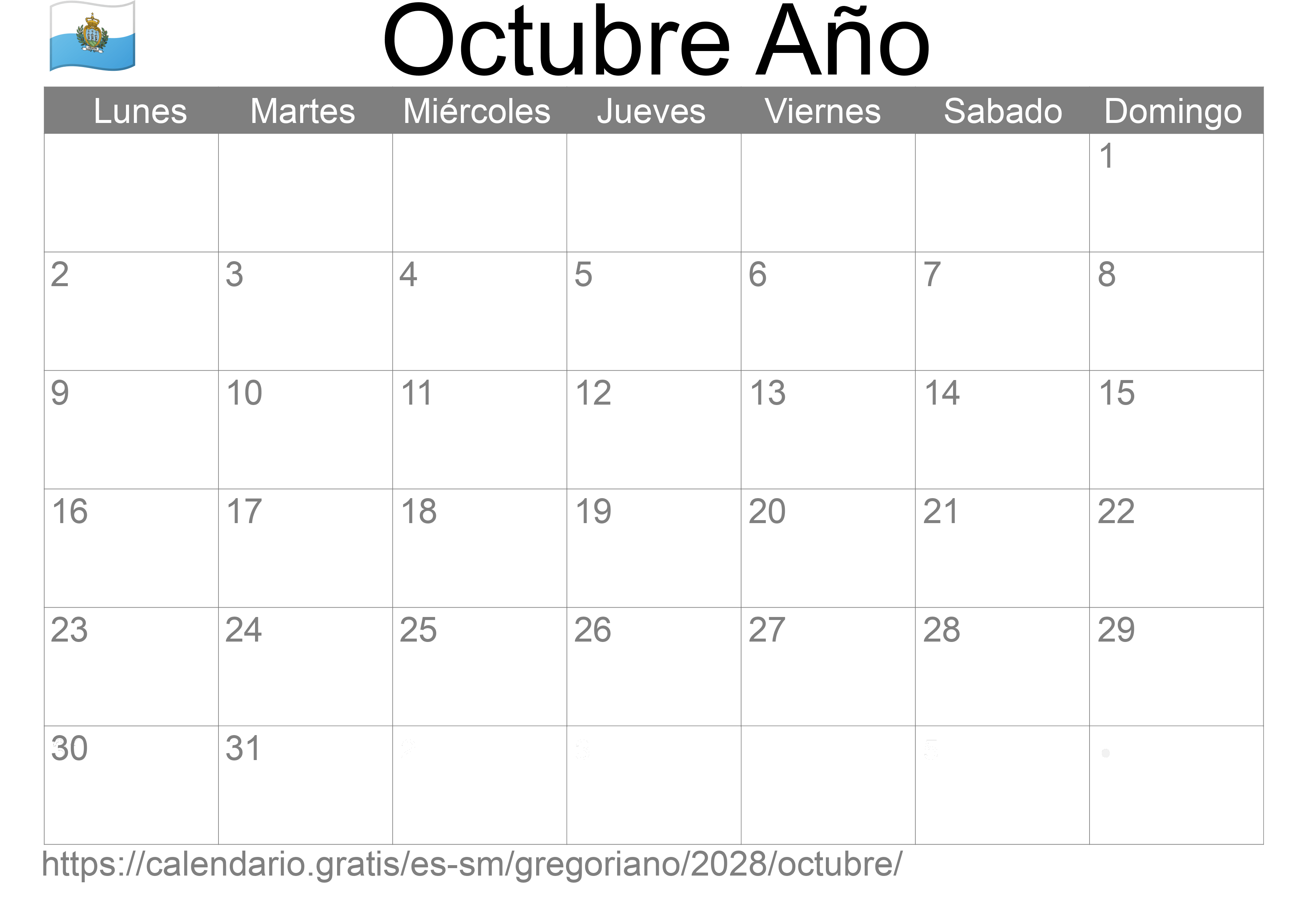 Calendario Octubre 2028 para imprimir