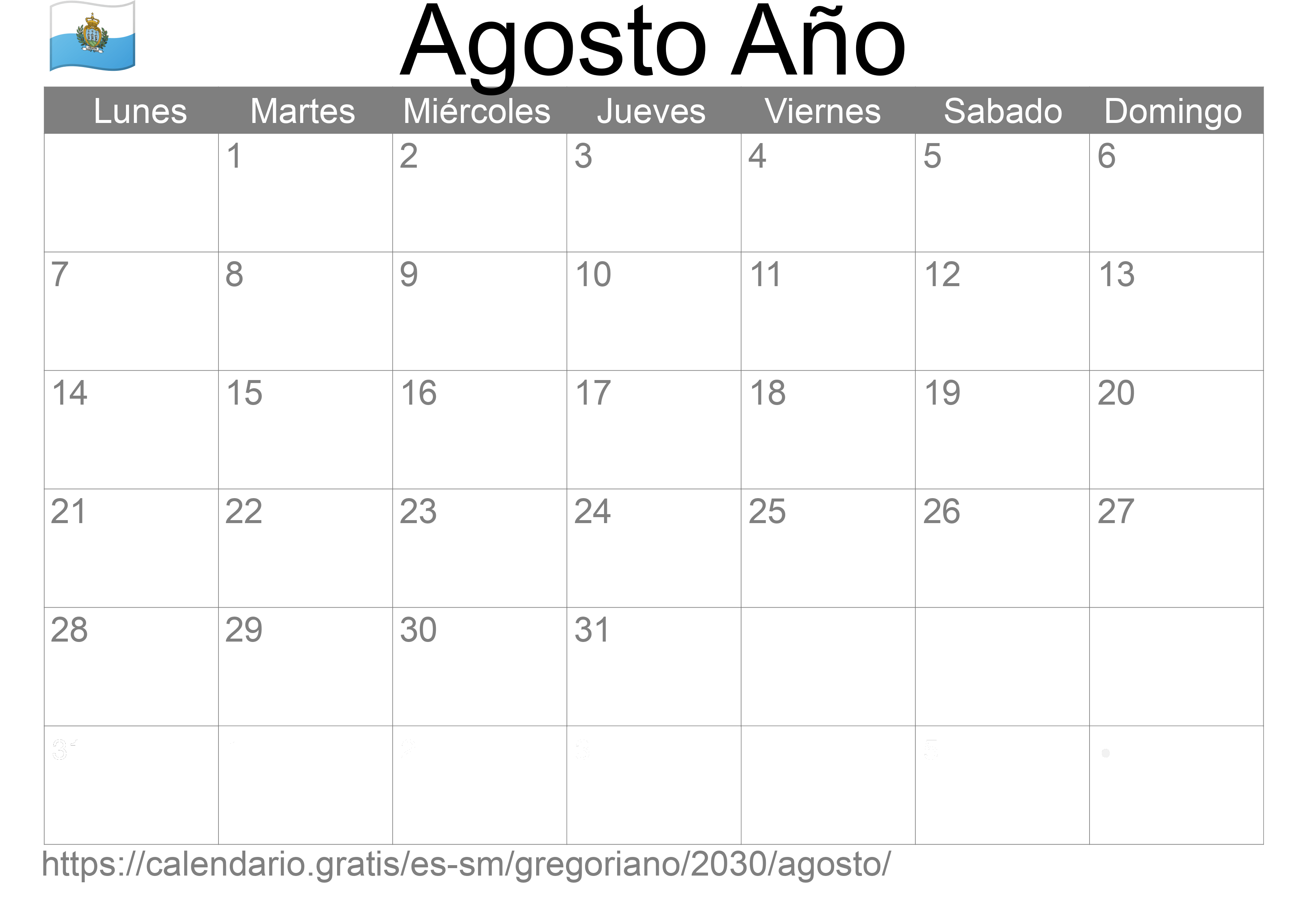 Calendario Agosto 2030 para imprimir