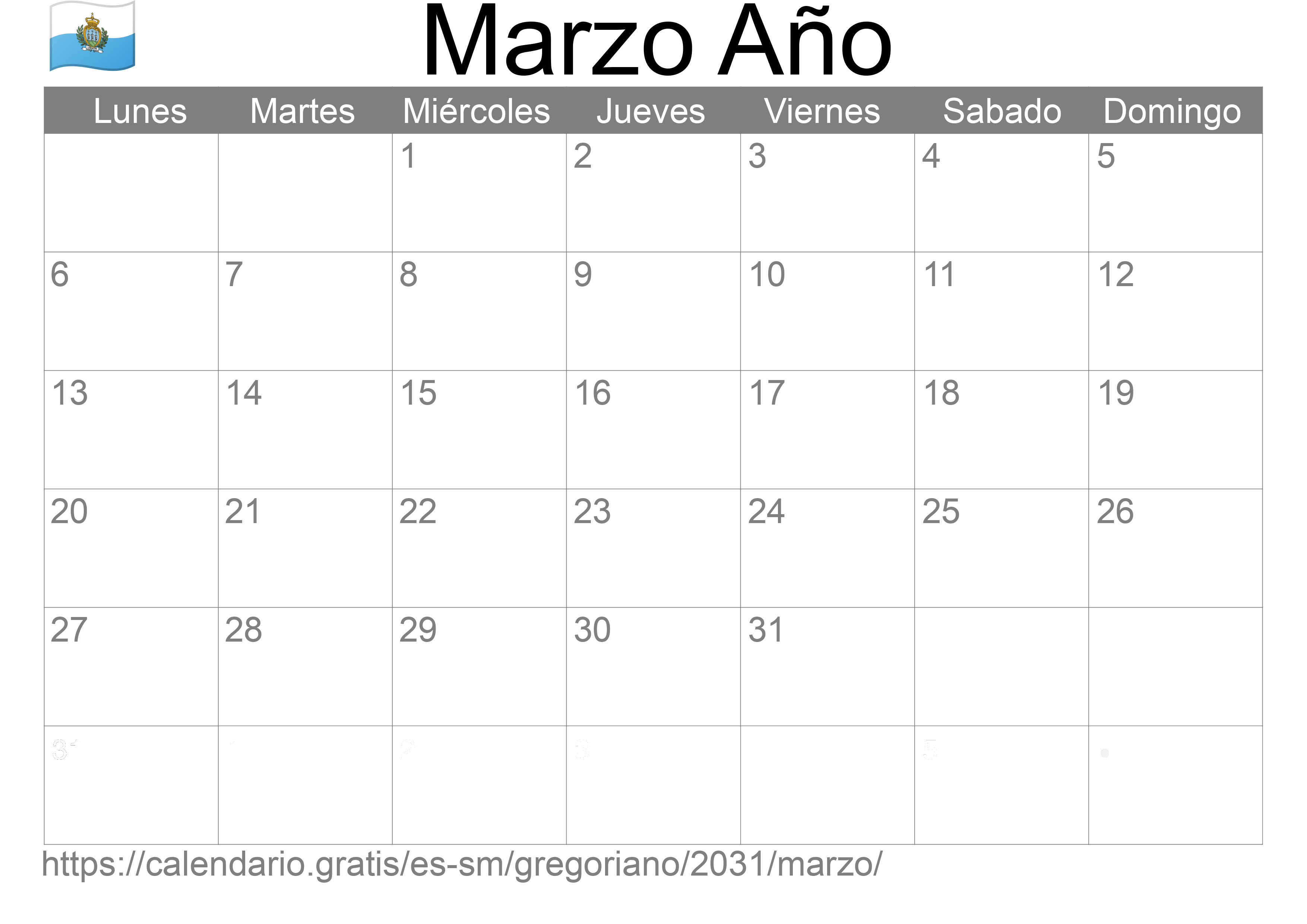 Calendario Marzo 2031 para imprimir