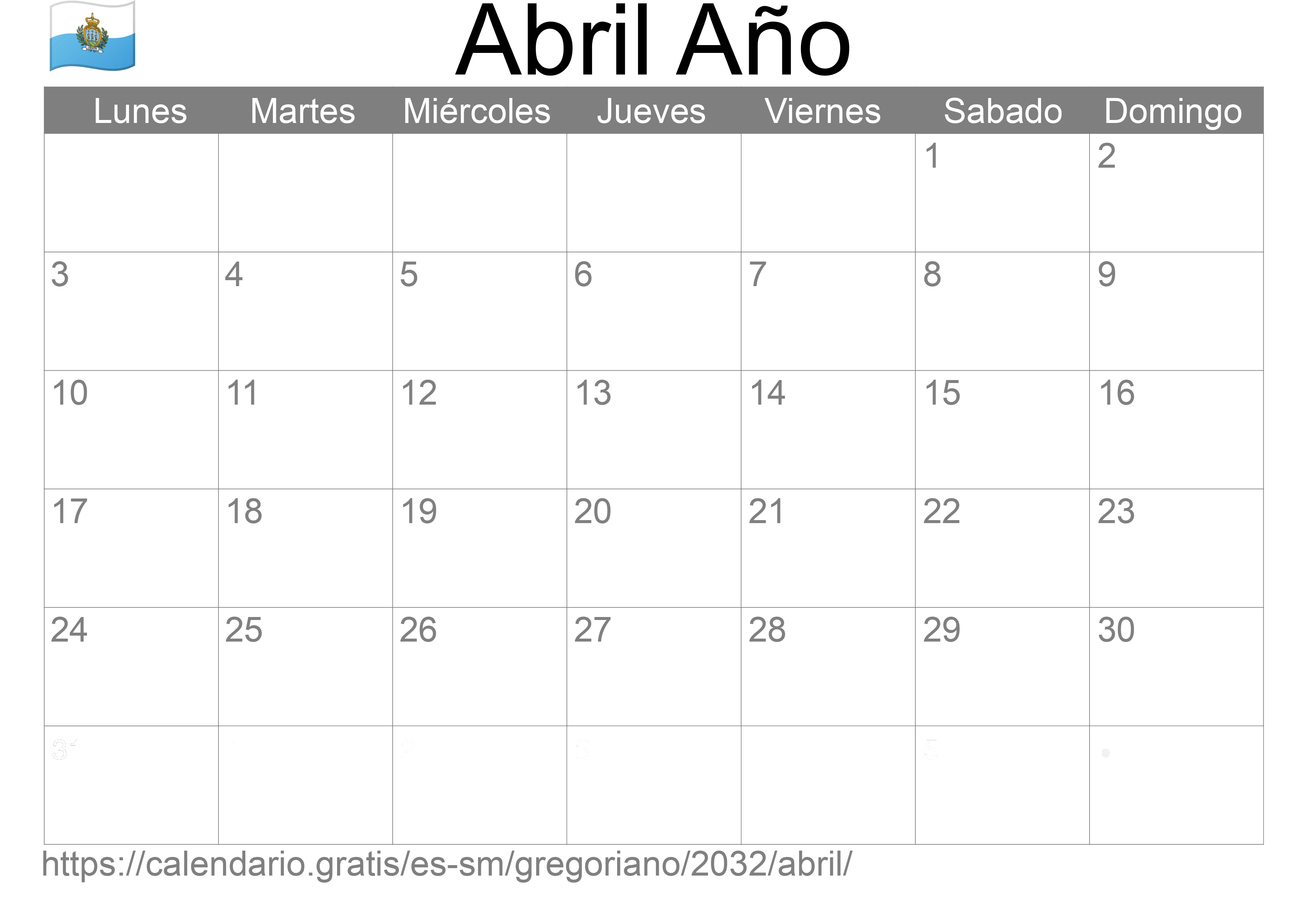 Calendario Abril 2032 para imprimir