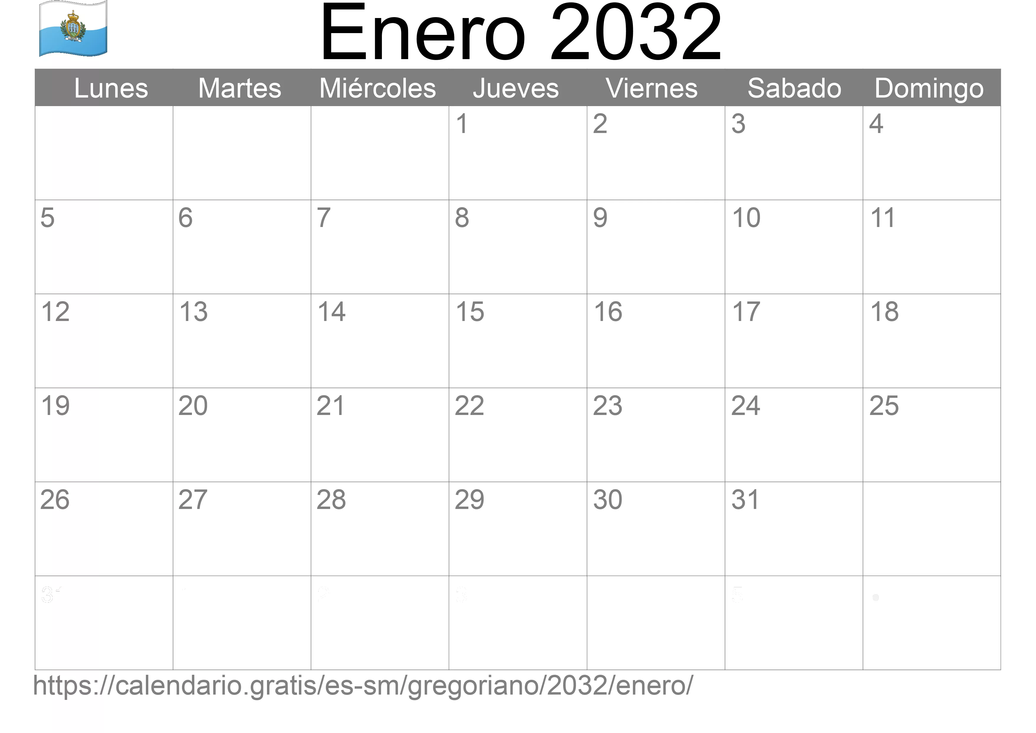 Calendario Enero 2032 para imprimir (San Marino)