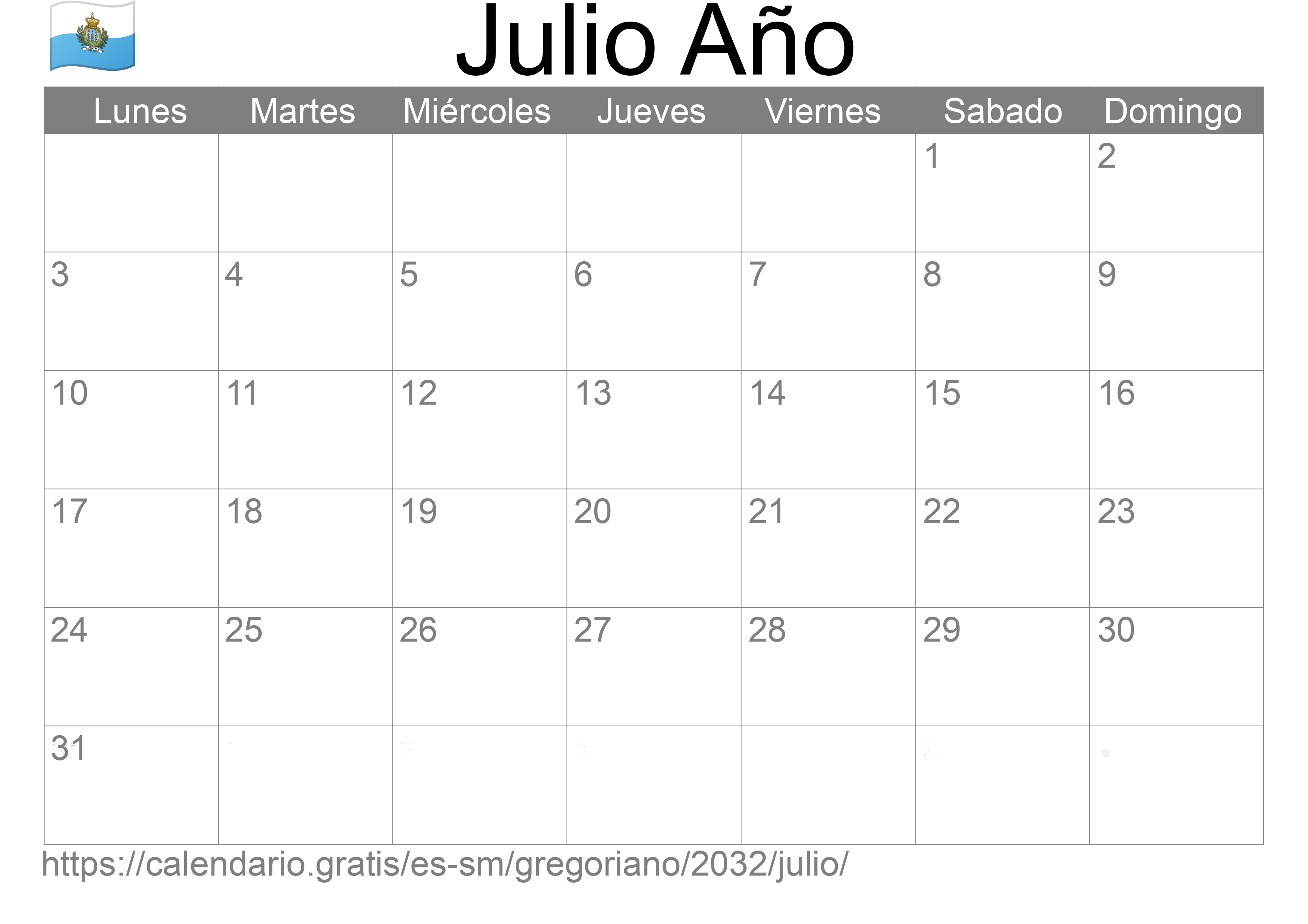 Calendario Julio 2032 para imprimir